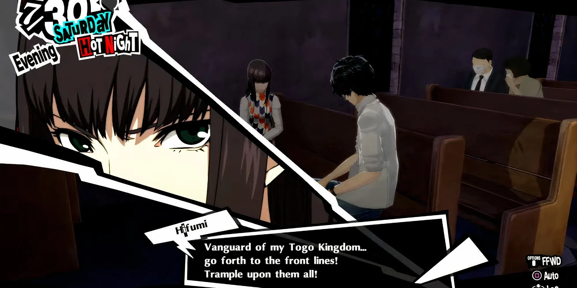 Joker và Hifumi chơi Shogi tại nhà thờ trong Persona 5 Royal.