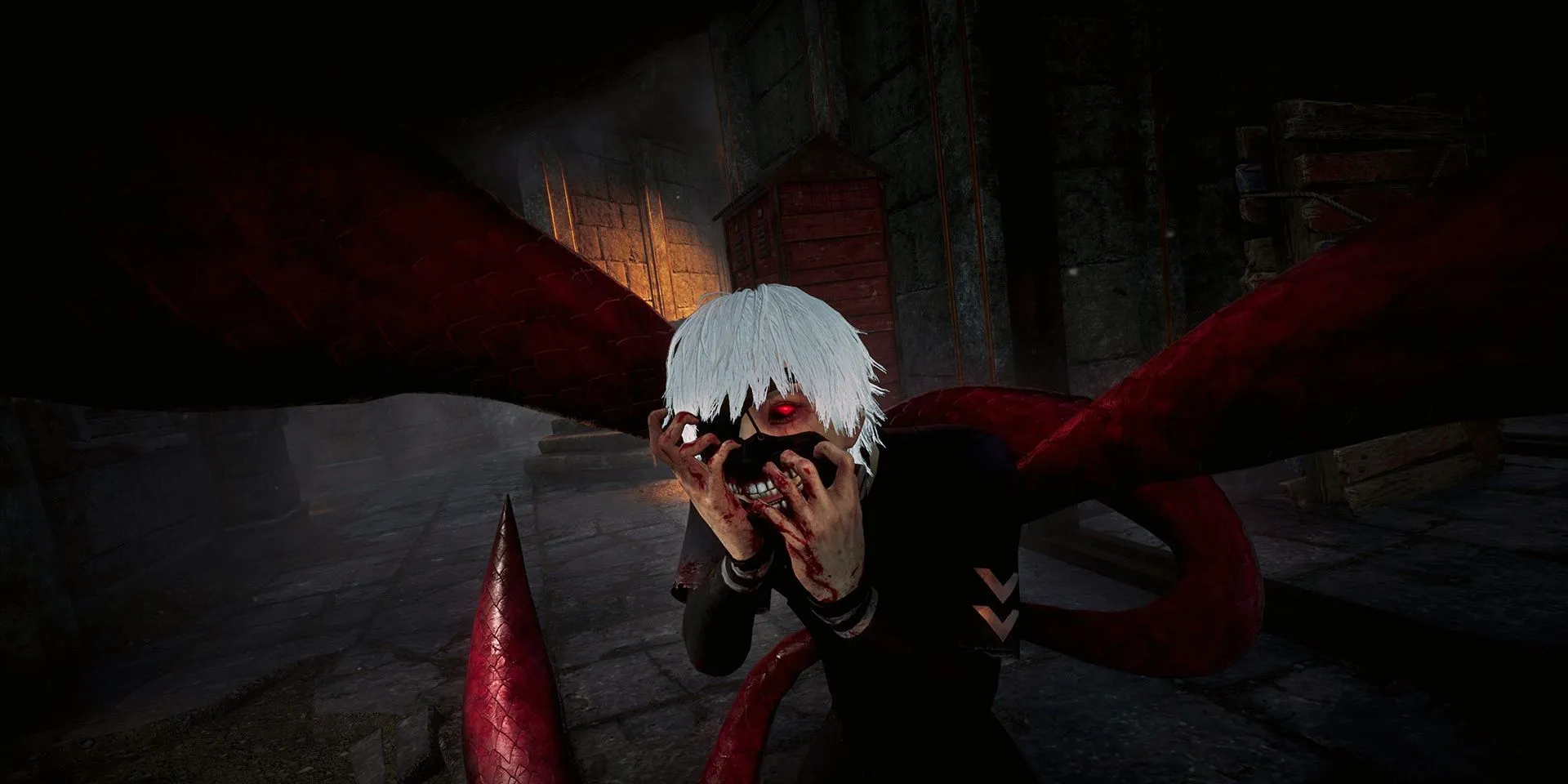 Ken Kaneki từ series anime Tokyo Ghoul, trong hình dạng ghoul với mặt nạ, xuất hiện trong game kinh dị Dead by Daylight