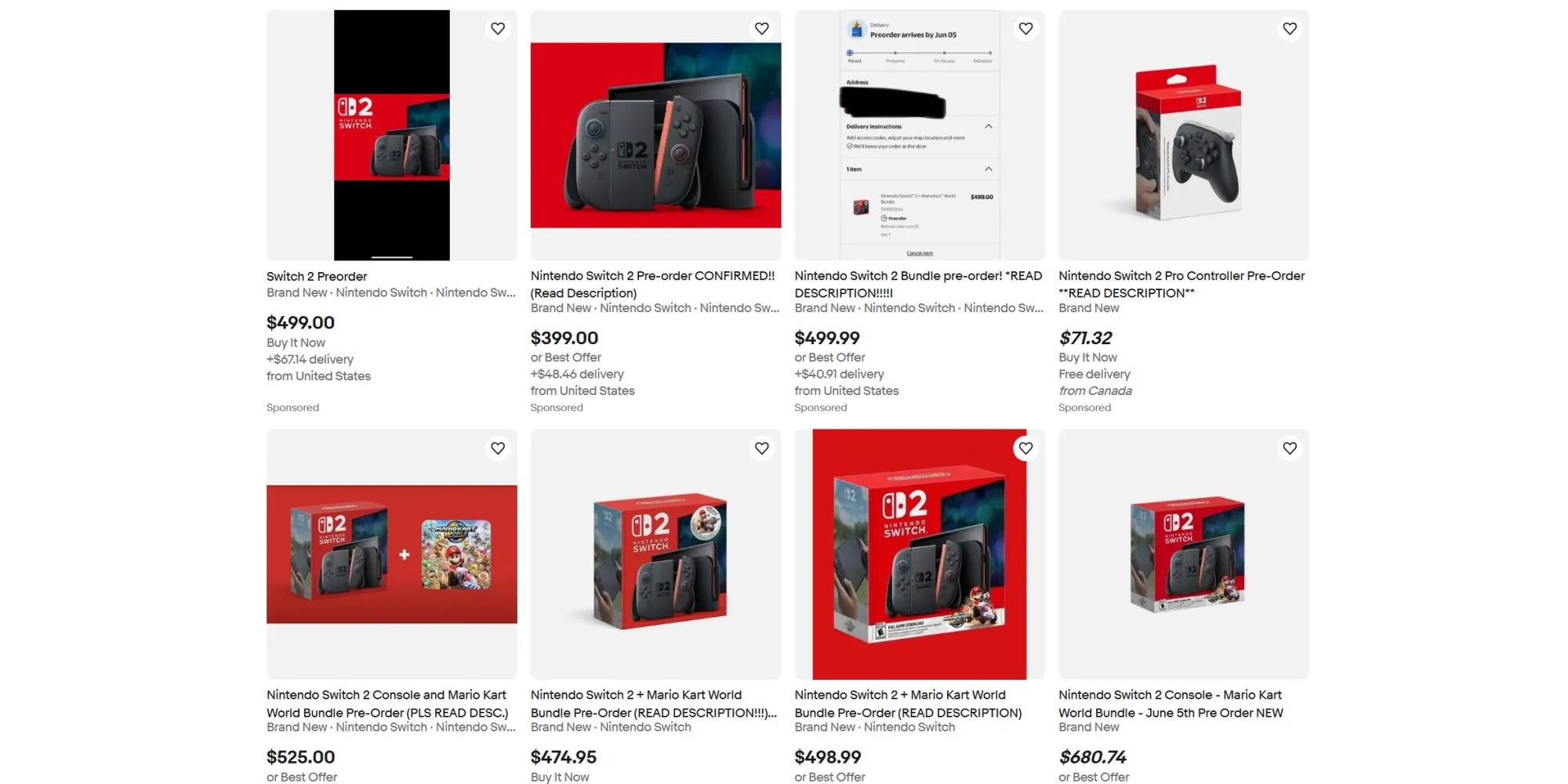 Kết quả tìm kiếm cho thấy tình trạng đội giá (scalping) máy chơi game Nintendo Switch 2 trên eBay