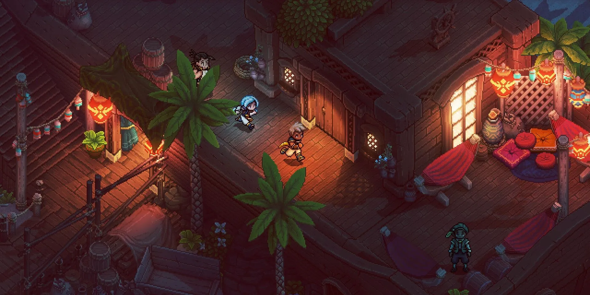 Khung cảnh thị trấn phong cách pixel art trong game JRPG Sea of Stars