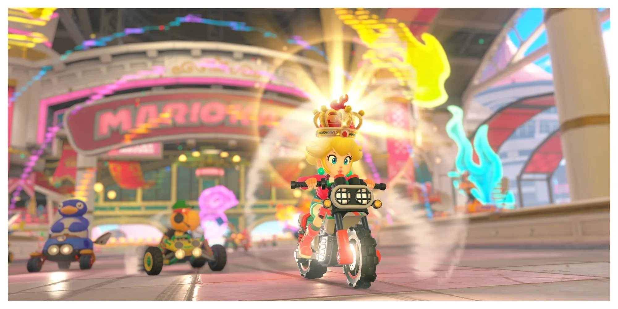 Mario và các bạn đua xe trong môi trường thế giới mở rộng lớn của Mario Kart World, hứa hẹn trải nghiệm đua xe mới lạ.