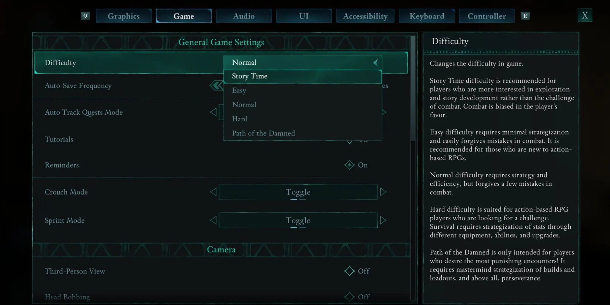 Menu cài đặt độ khó trong game Avowed