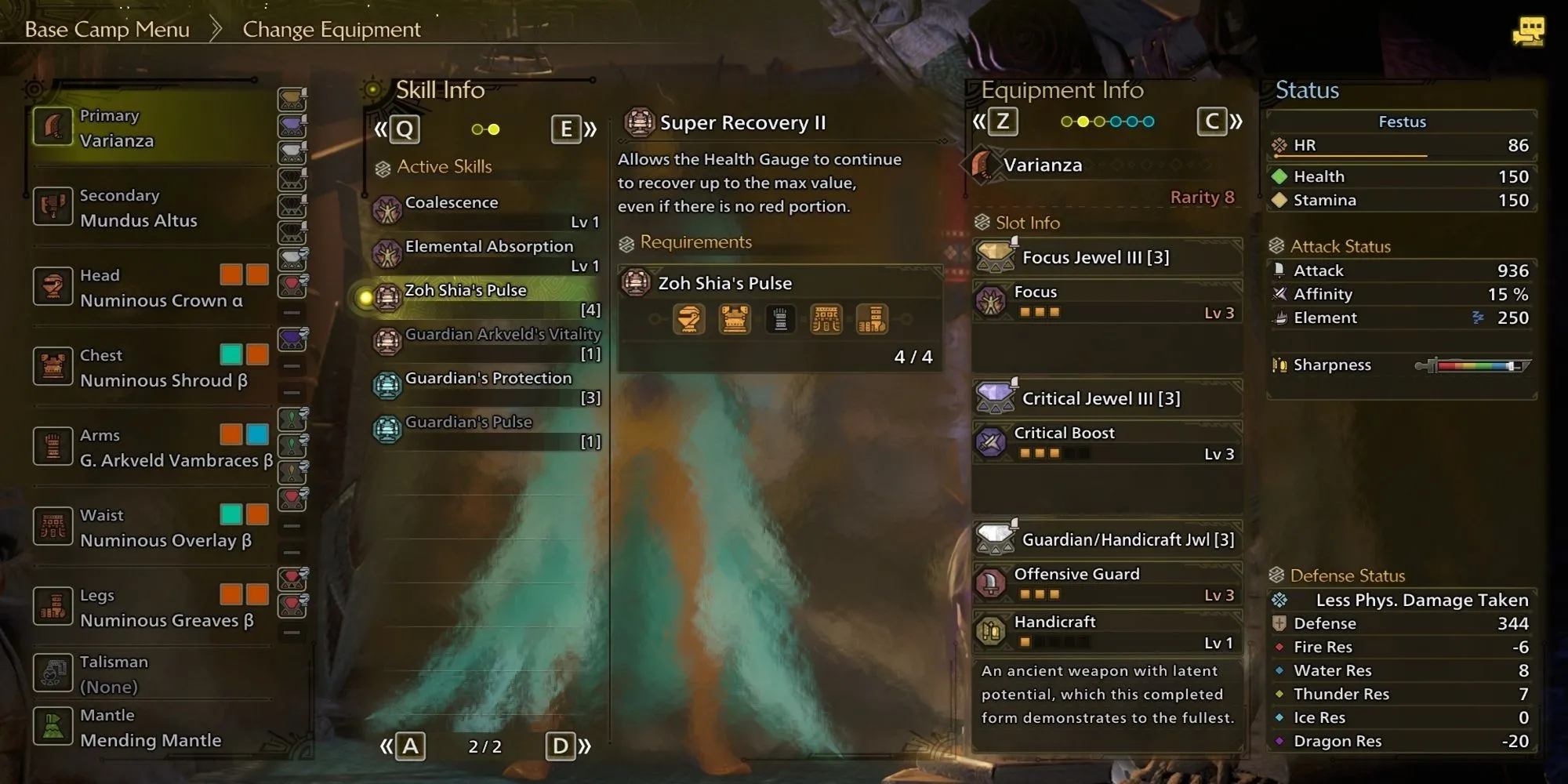 Menu hiển thị các kỹ năng của bộ giáp Zoh Shia trong Monster Hunter Wilds