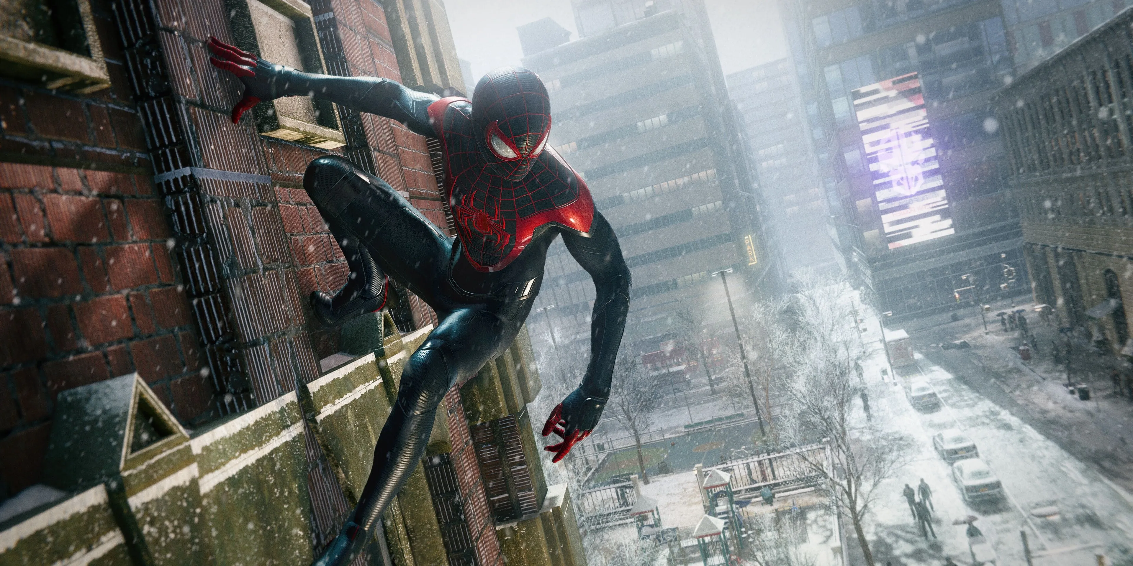 Miles ngồi trên đỉnh tòa nhà nhìn ra Manhattan trong Marvel's Spider-Man: Miles Morales