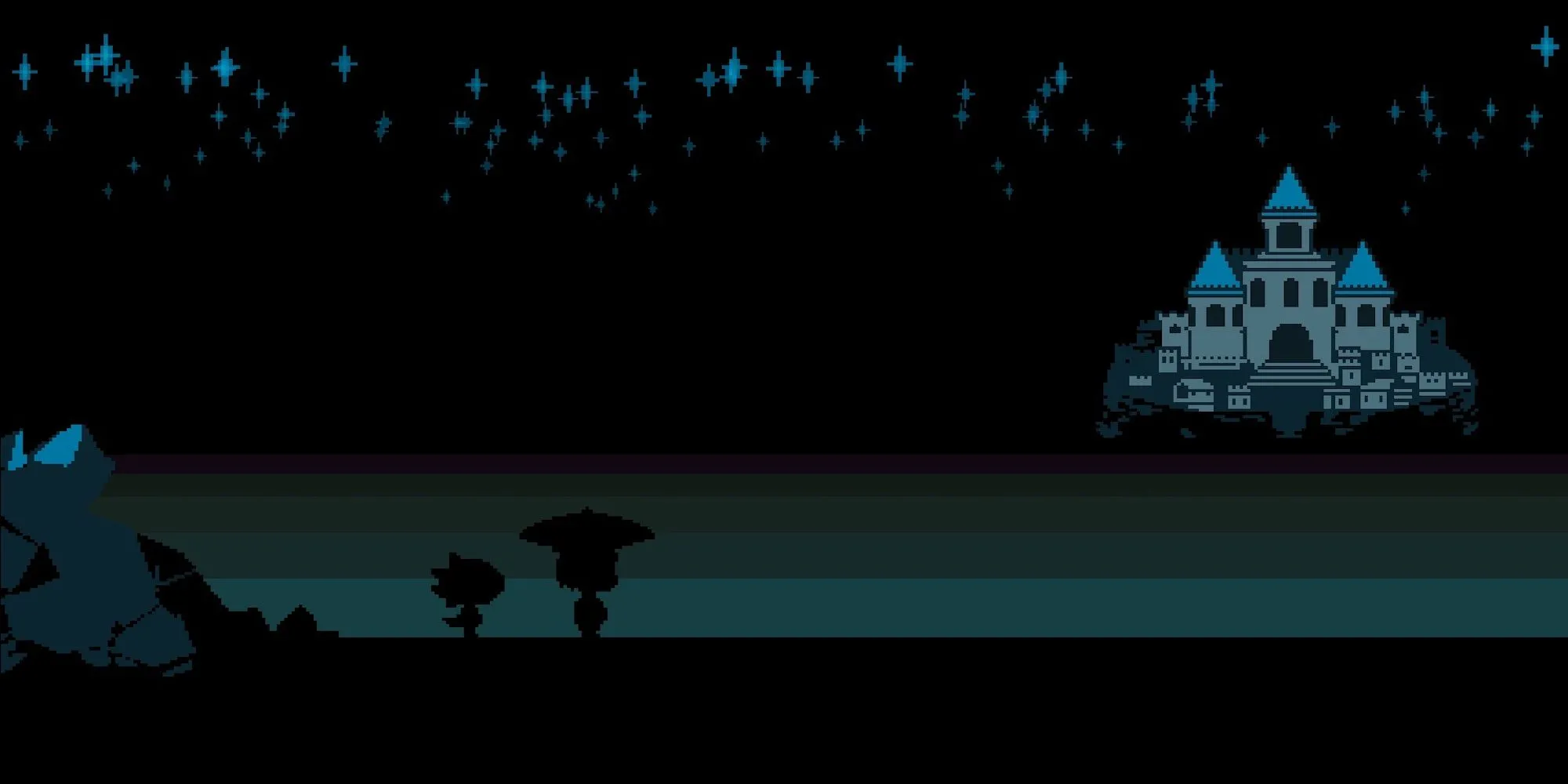 Monster Kid và Frisk đứng trước lâu đài trong tựa game RPG indie Undertale