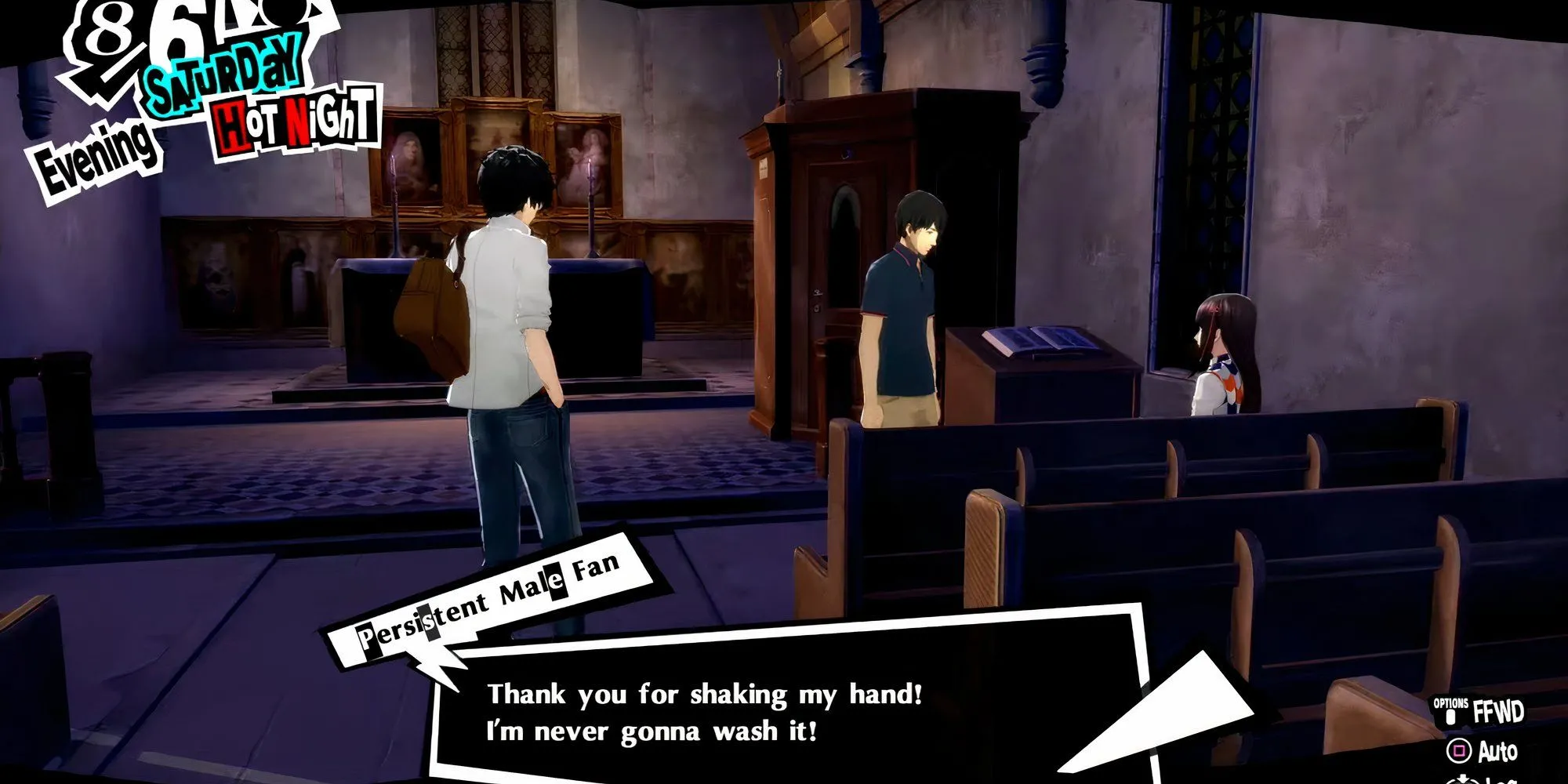 Một người hâm mộ gặp gỡ Hifumi tại nhà thờ trong Persona 5 Royal.