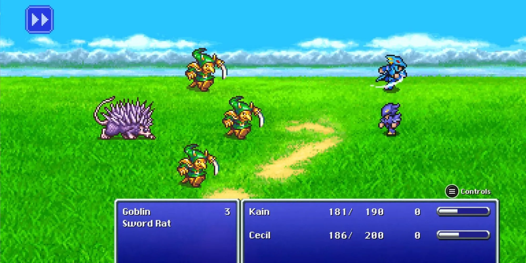 Một trận chiến ngẫu nhiên trong Final Fantasy IV bản Pixel Remaster, với đồ họa 2D được cải thiện