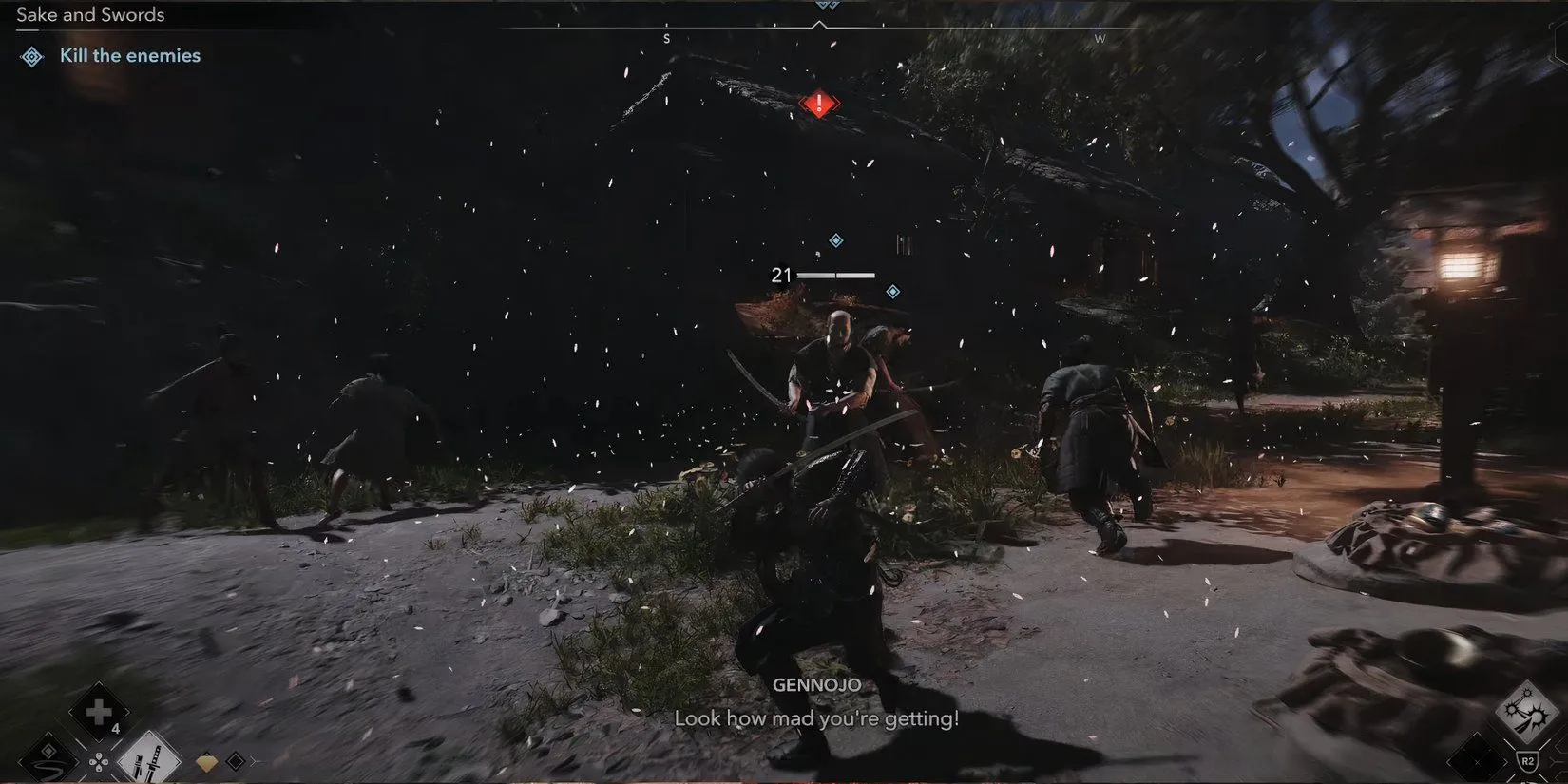 Naoe chiến đấu bảo vệ Gennojo khỏi samurai trong nhiệm vụ phụ Sake and Swords của Assassin's Creed Shadows