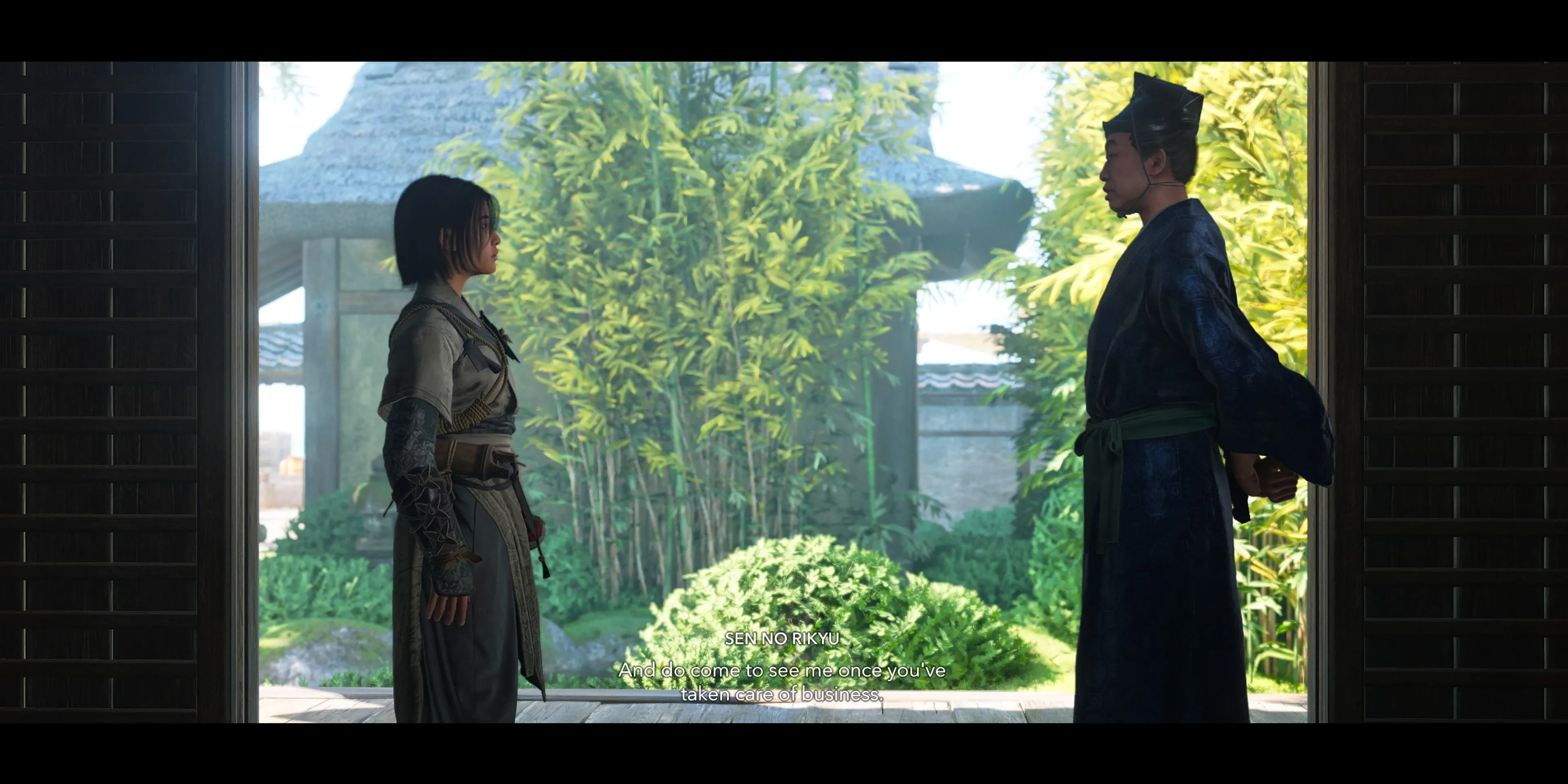 Naoe gặp gỡ Sen No Rikyu, thương gia trà, trong Assassin's Creed Shadows.