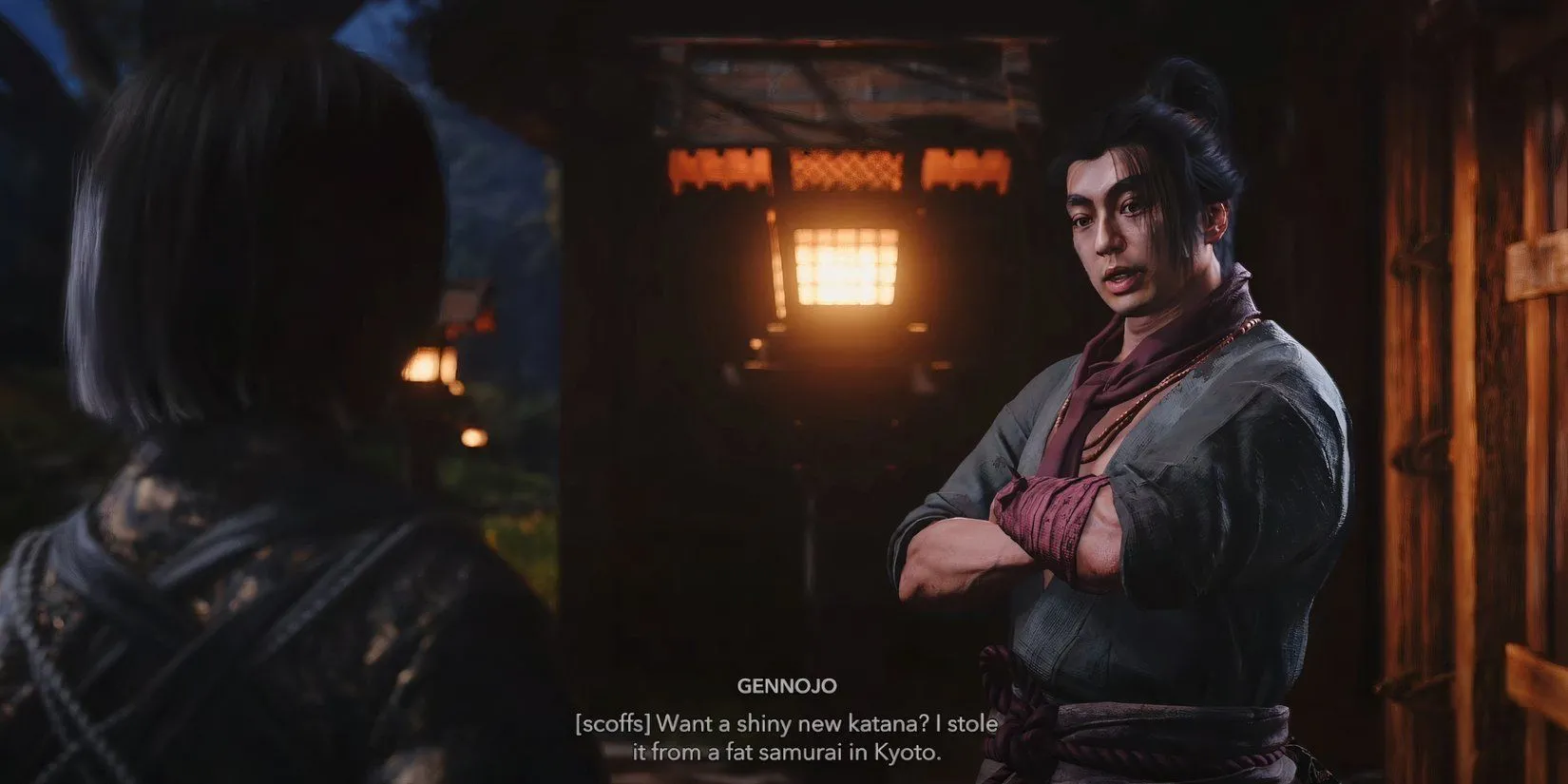 Naoe nói chuyện với Gennojo say xỉn ở Yamashiro, bắt đầu nhiệm vụ Sake and Swords trong Assassin's Creed Shadows