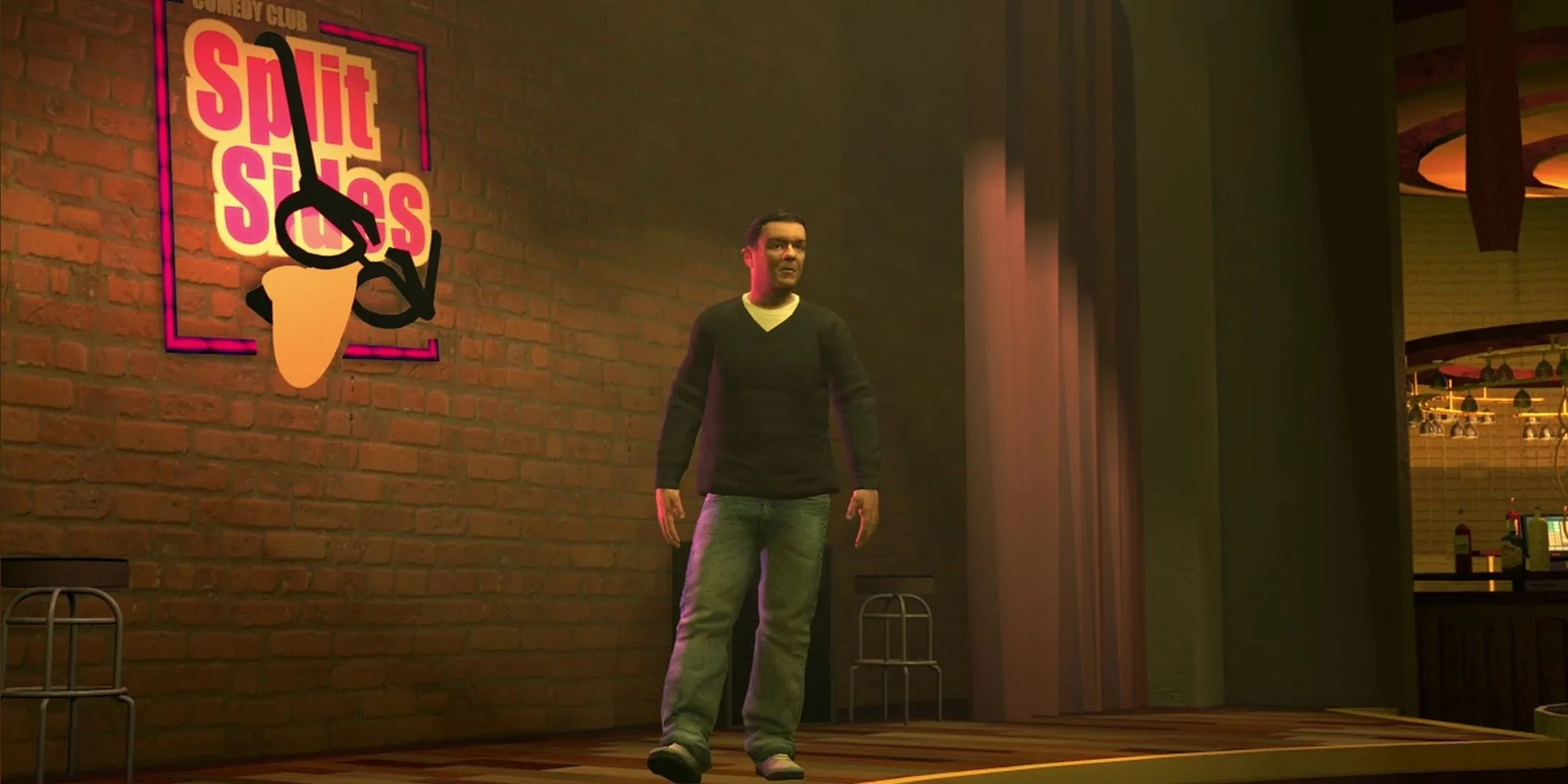 Nghệ sĩ hài Ricky Gervais biểu diễn stand-up trong hộp đêm Split Sides ở GTA 4