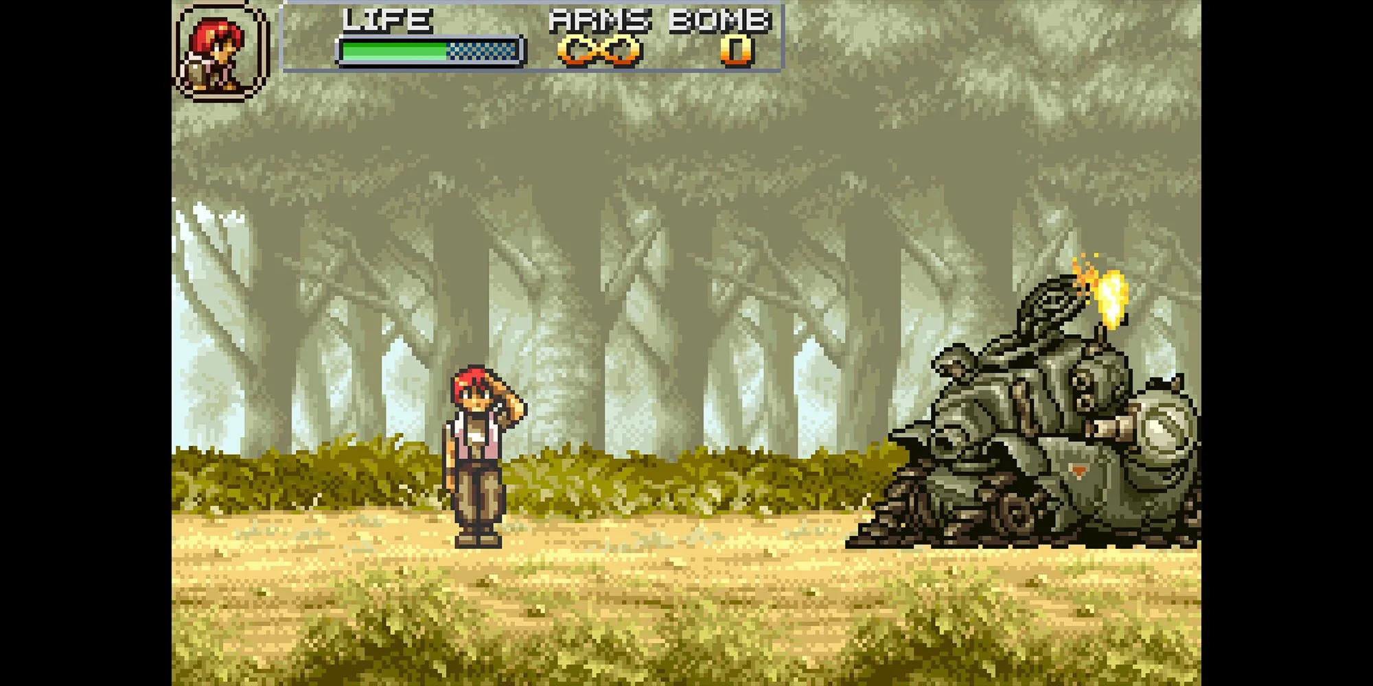 Nhân vật chính chiến đấu chống lại một chiếc xe tăng địch trong Metal Slug Advance