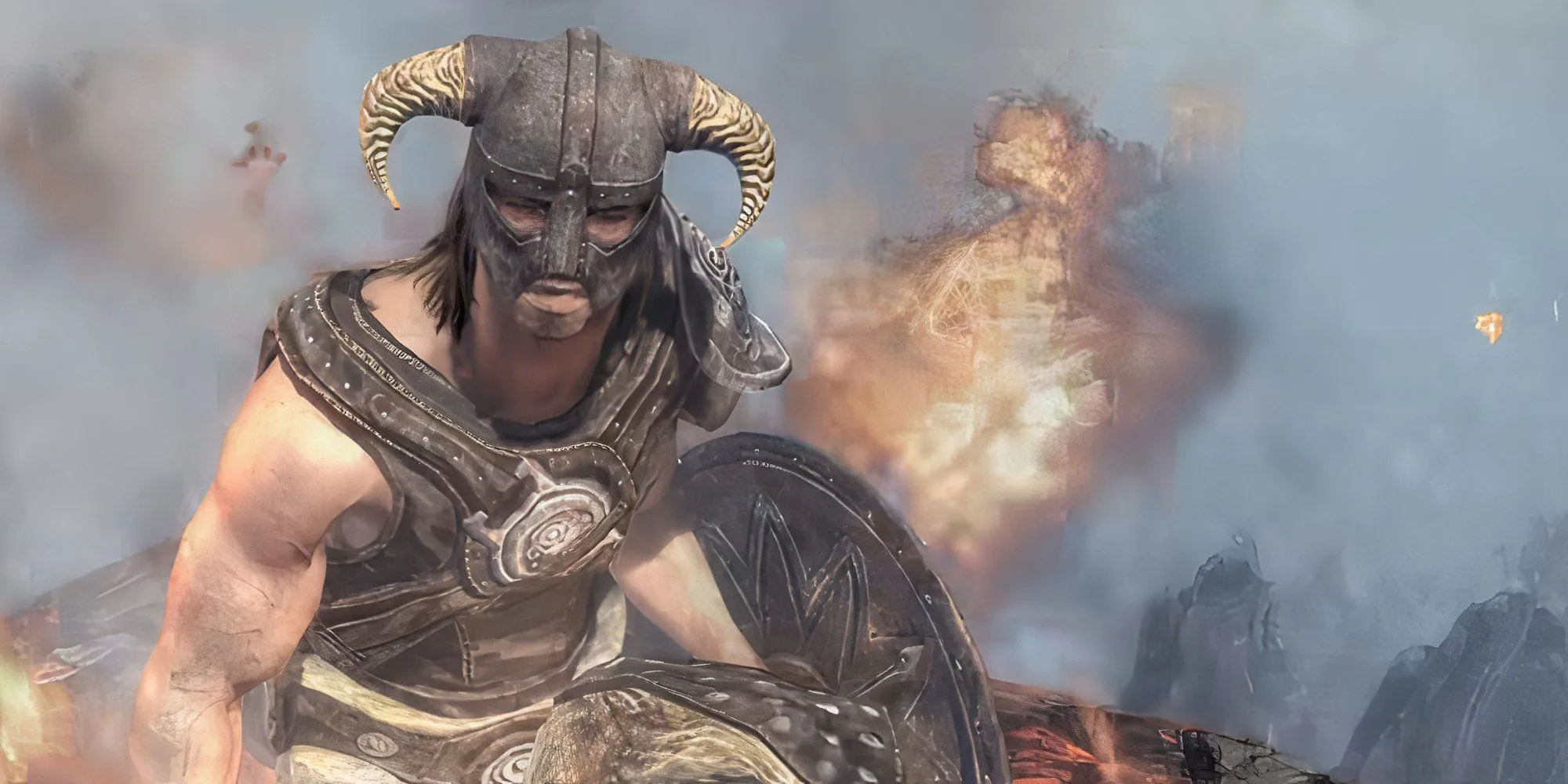 Nhân vật chính của The Elder Scrolls V Skyrim ngồi quanh lửa ngoài trời, khung cảnh biểu tượng của game