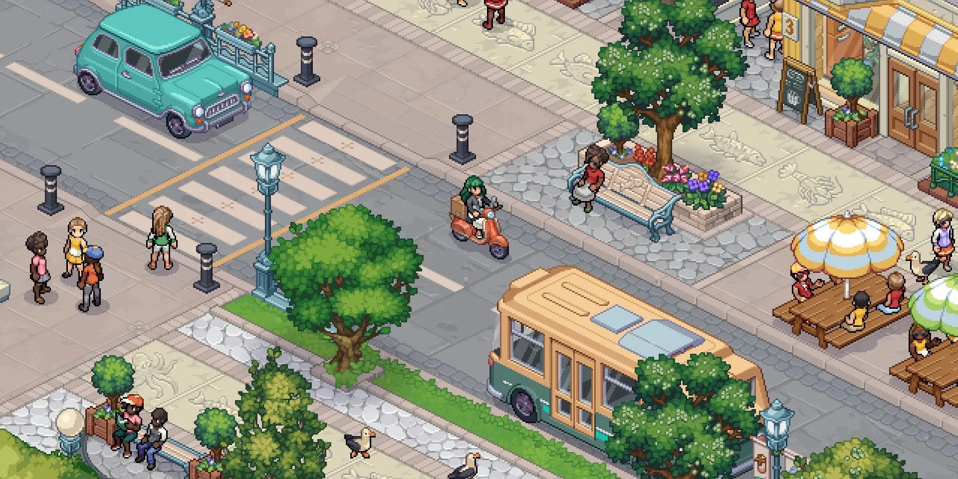 Nhân vật chính đi xe scooter trong game mô phỏng đời sống Witchbrook