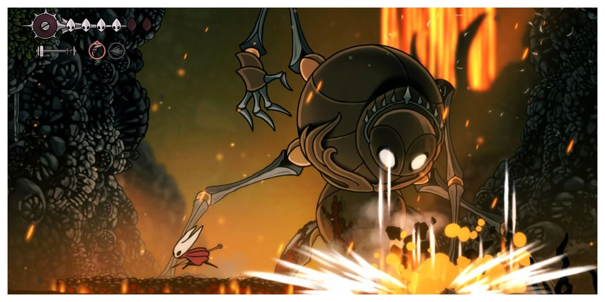 Nhân vật chính Hornet nhảy múa trên không trung với cây kim, thể hiện lối chơi mượt mà của Hollow Knight Silksong.