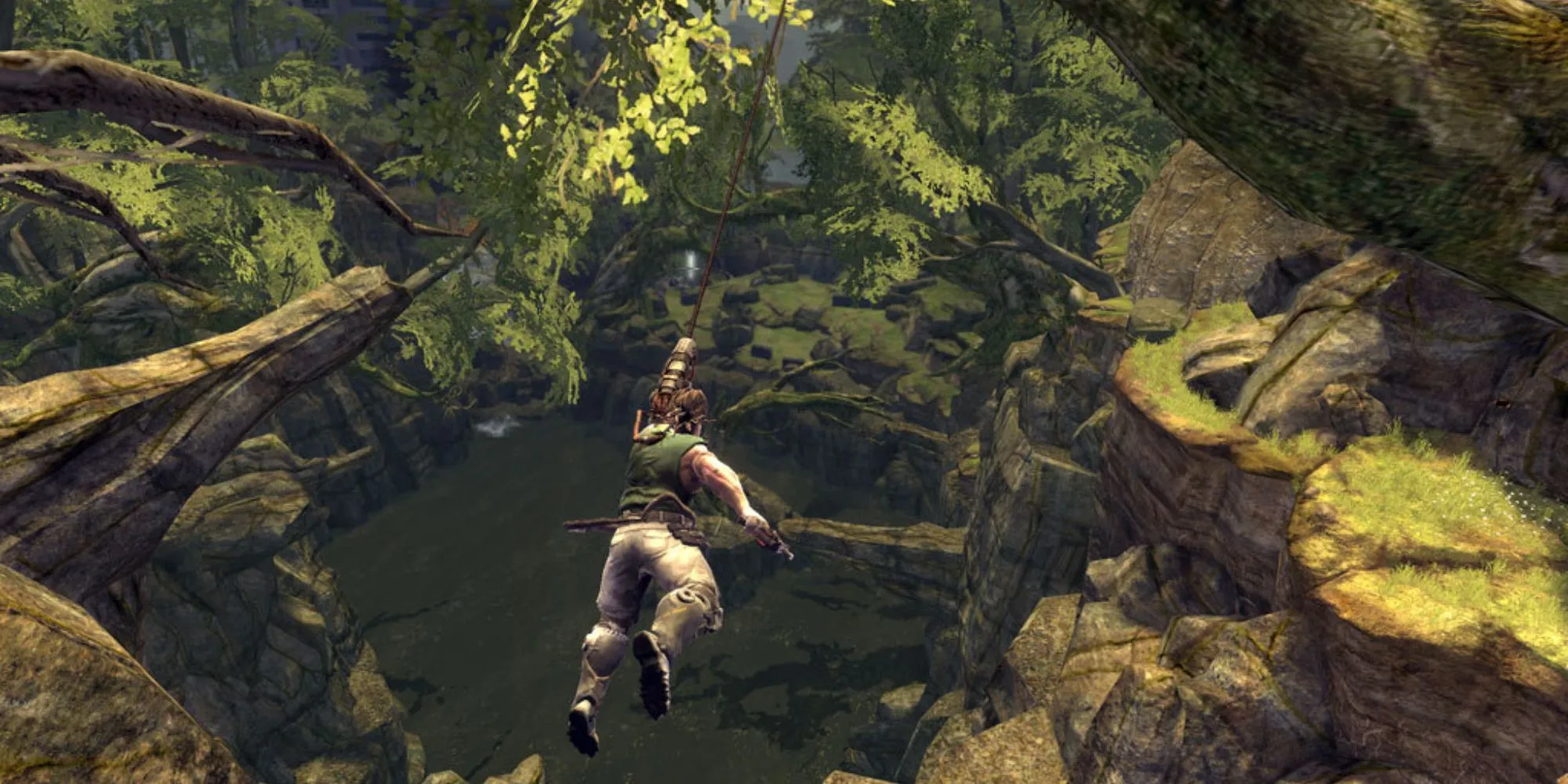 Nhân vật chính trong game Bionic Commando với cánh tay máy đang thực hiện hành động