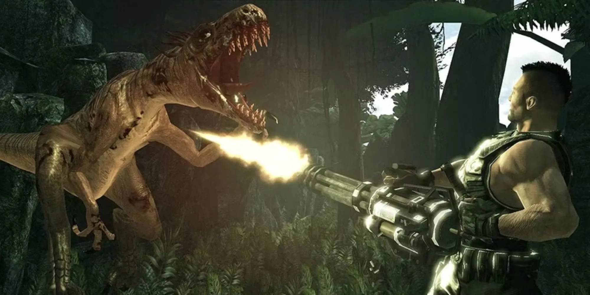 Nhân vật chính Turok chiến đấu với khủng long trong game Turok phiên bản reboot