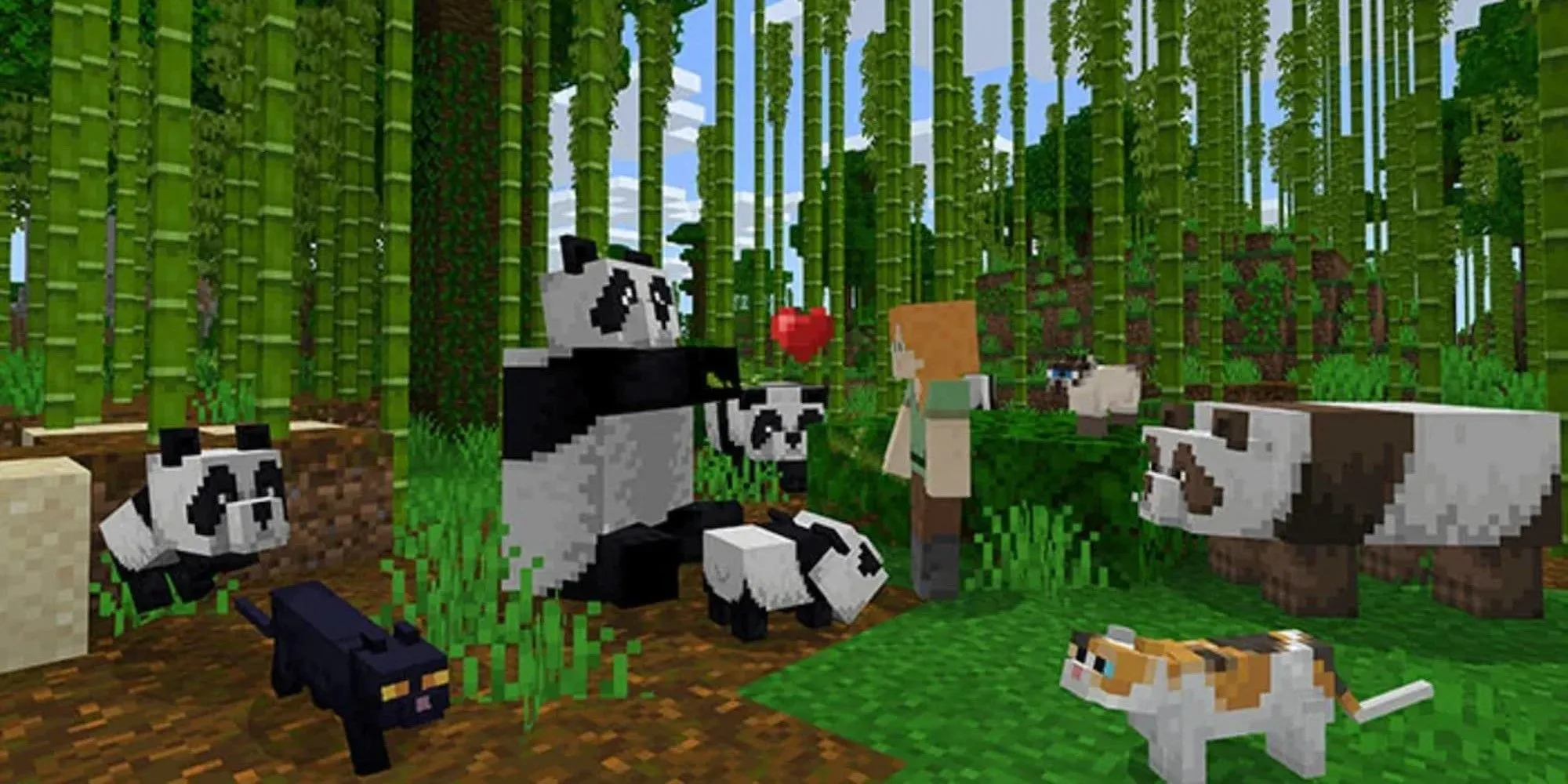 Nhân vật chơi cùng gấu trúc và mèo trong thế giới Minecraft