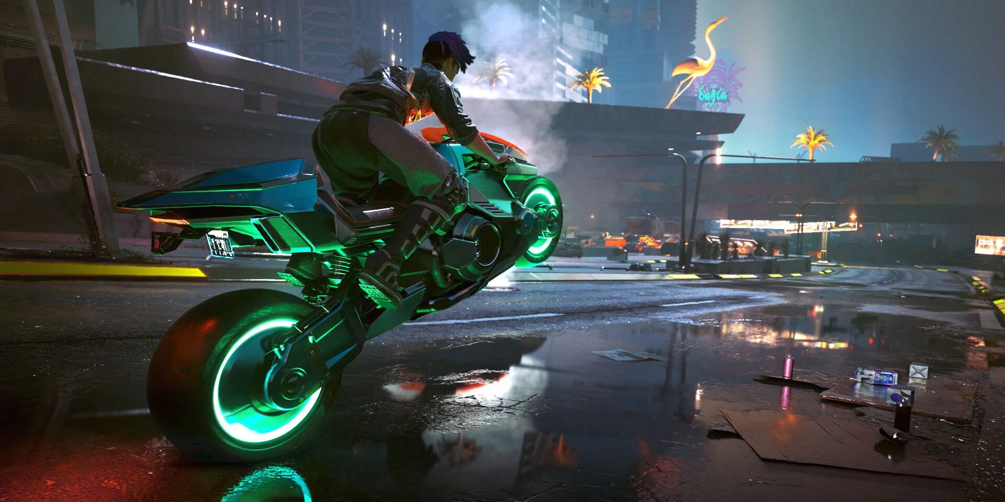 Nhân vật Cyberpunk 2077 lái xe máy trong thành phố Night City tương lai