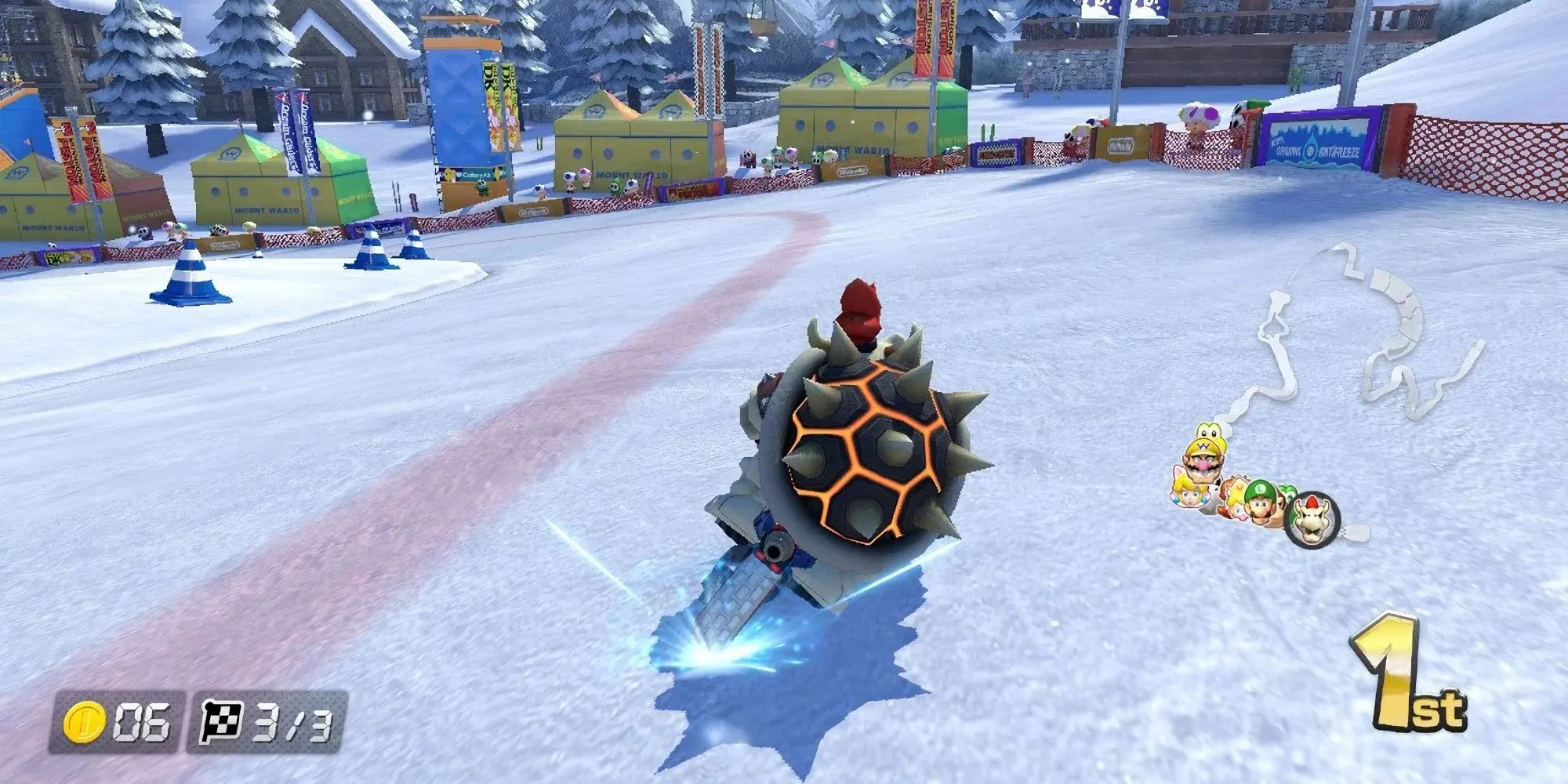 Nhân vật Dry Bowser đua xe trên đường đua Mount Wario trong game Mario Kart 8 Deluxe