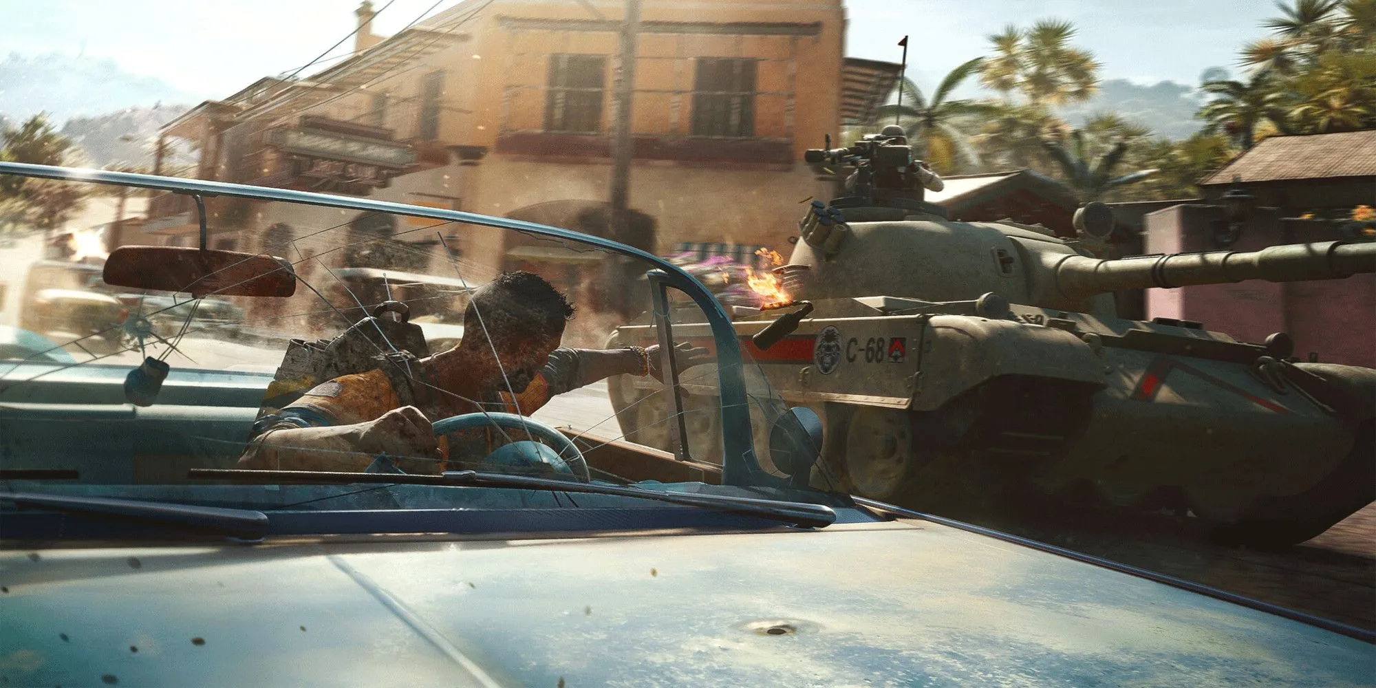 Nhân vật Far Cry 6 lái xe và ném bom xăng Molotov