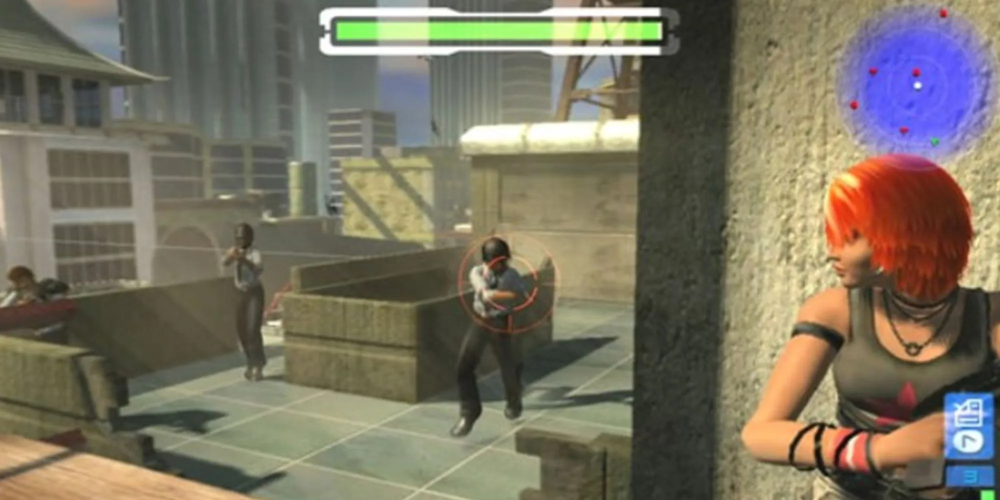 Nhân vật Joanna Dark trong game Perfect Dark Zero trên Xbox 360 với vũ khí trên tay