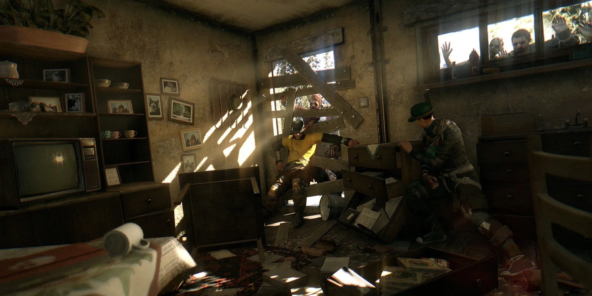Nhân vật nhảy parkour trên mái nhà trong game zombie Dying Light