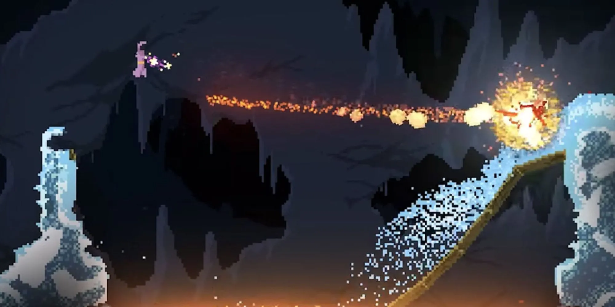 Nhân vật phù thủy và môi trường vật lý pixel trong game Noita