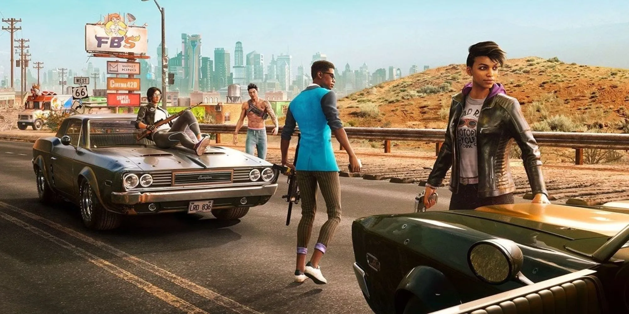 Nhân vật trong game Saints Row 2022 đứng giữa khung cảnh thành phố thế giới mở đầy màu sắc