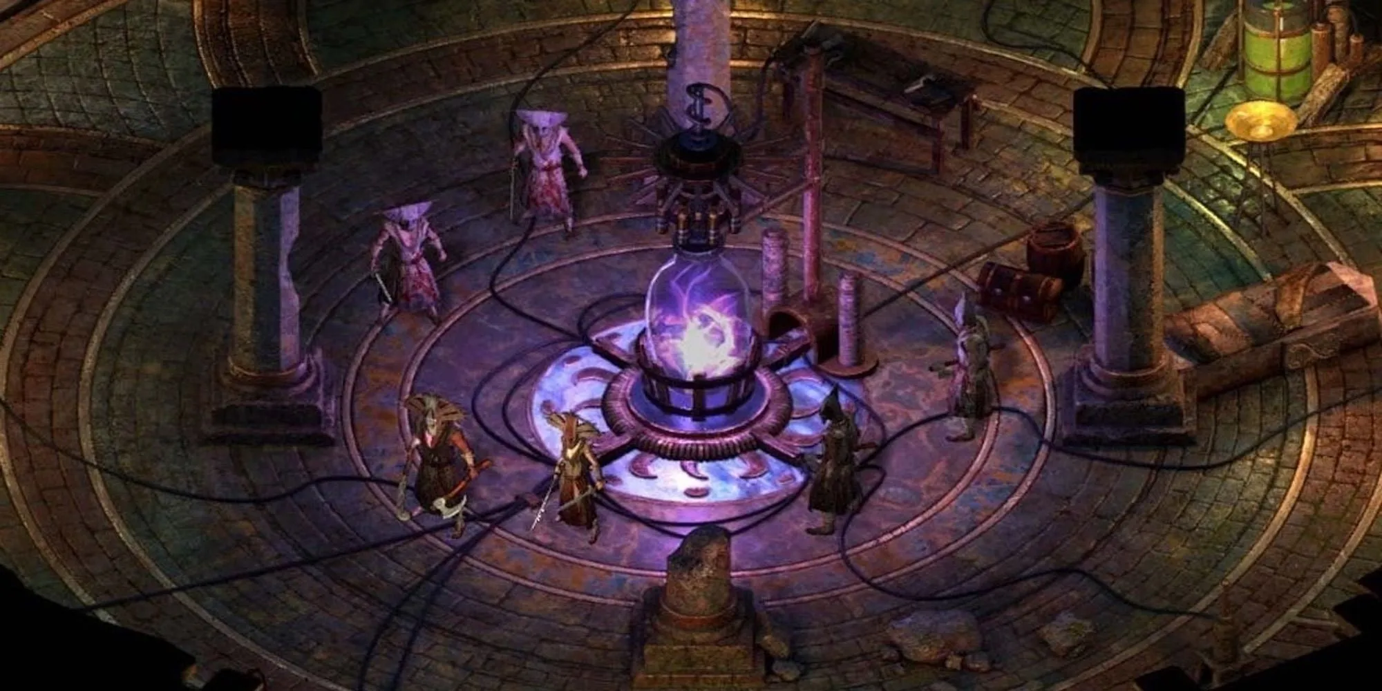 Nhóm nhân vật đứng cạnh cỗ máy phát sáng trong game nhập vai CRPG Pillars of Eternity