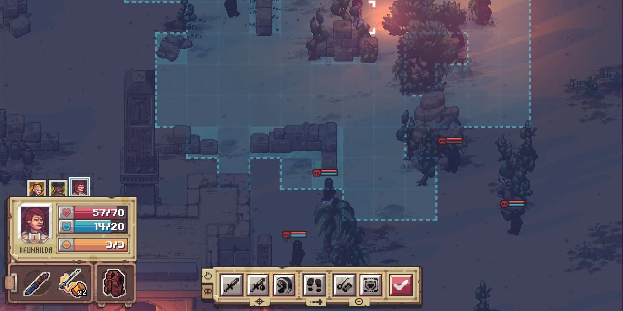 Nhóm thám hiểm đối mặt với kẻ thù trong cuộc chạm trán ngẫu nhiên trong game RPG chiến thuật Pathway.