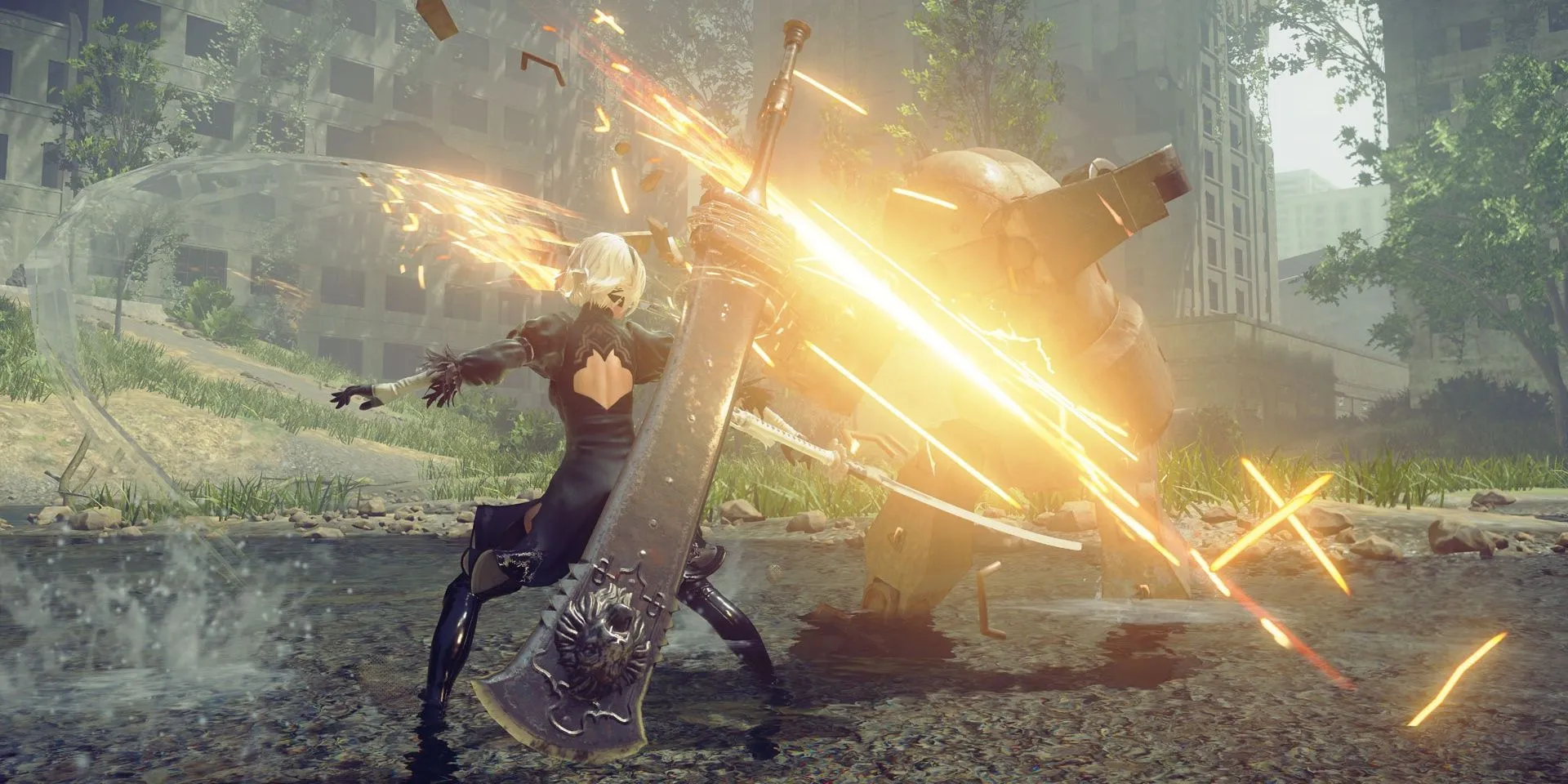 Nữ người máy 2B tấn công một cỗ máy trong game NieR Automata, minh họa cho các trò chơi hiện đại và tiềm năng ứng dụng của AI trong game.