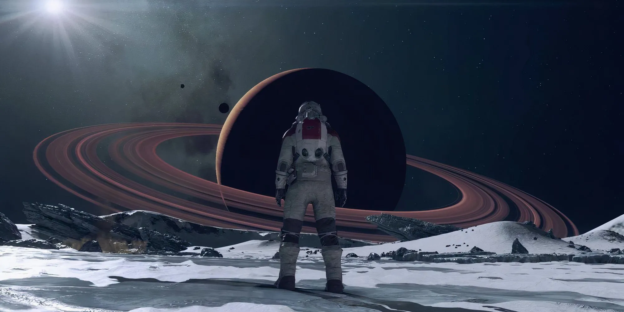 Phi hành gia đứng trước Sao Thổ trong game Starfield