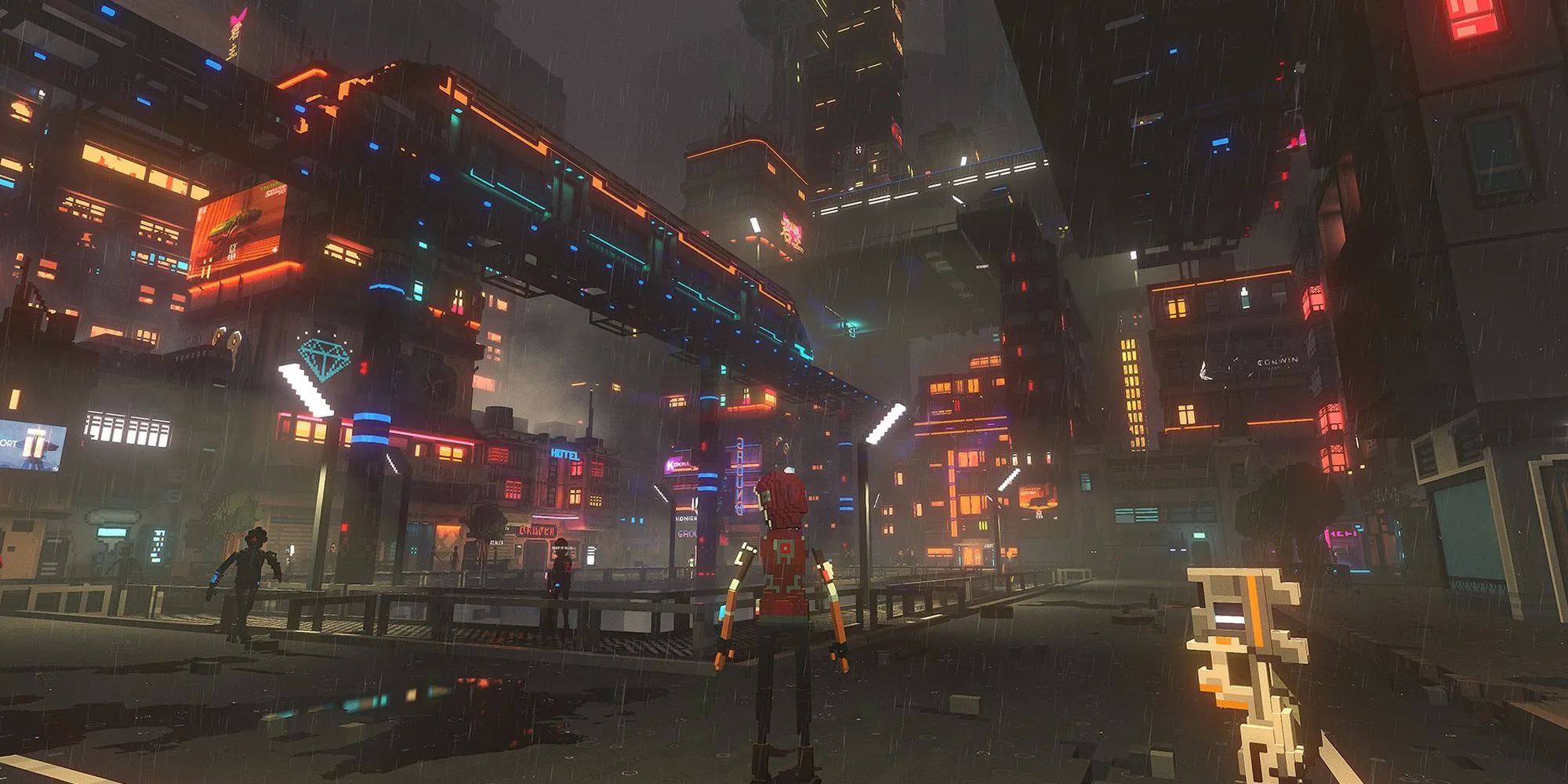 Phương tiện bay di chuyển trong thành phố cyberpunk đầy màu sắc của Cloudpunk