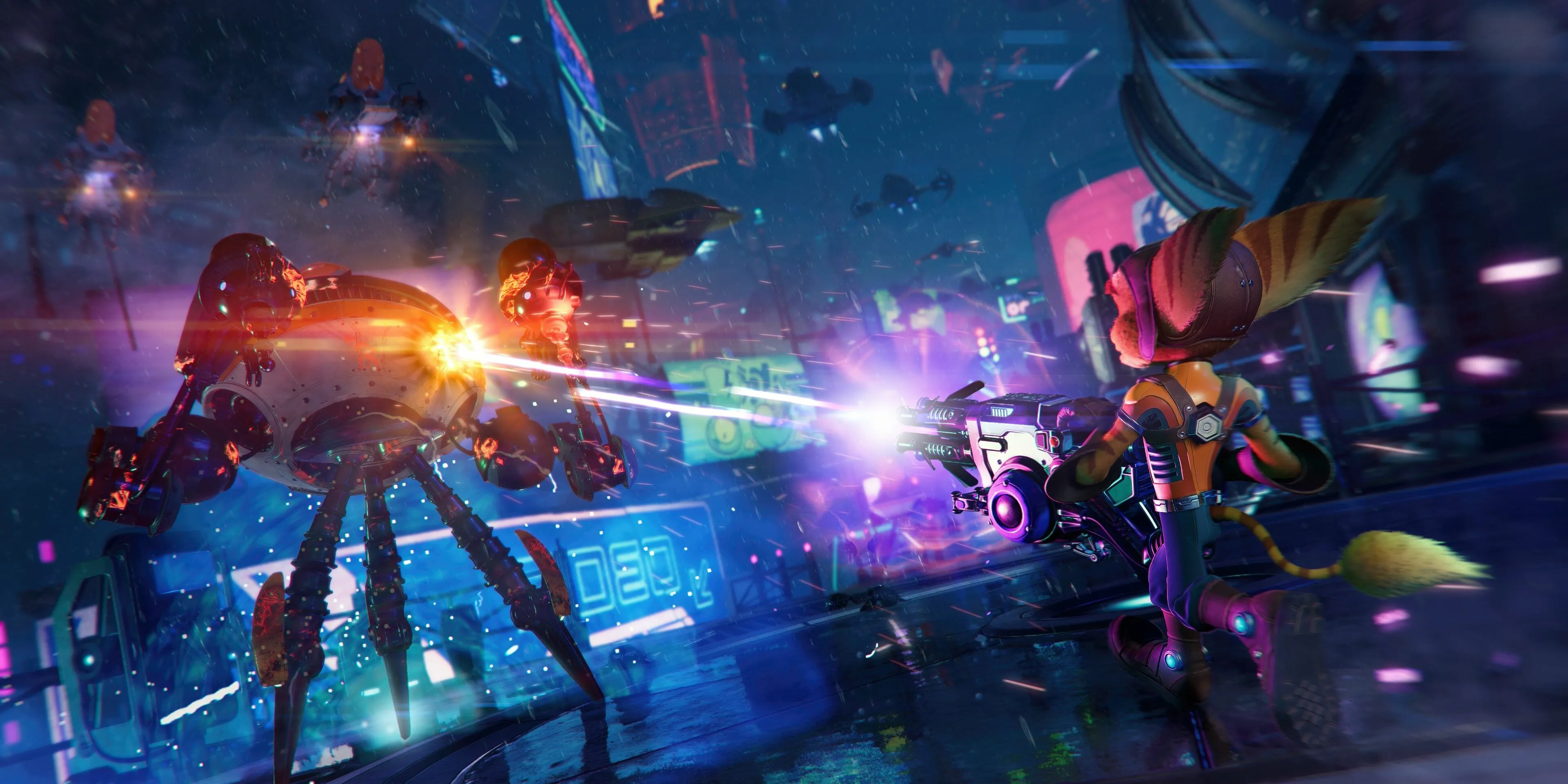Ratchet bắn một người máy trong Ratchet &amp; Clank: Rift Apart