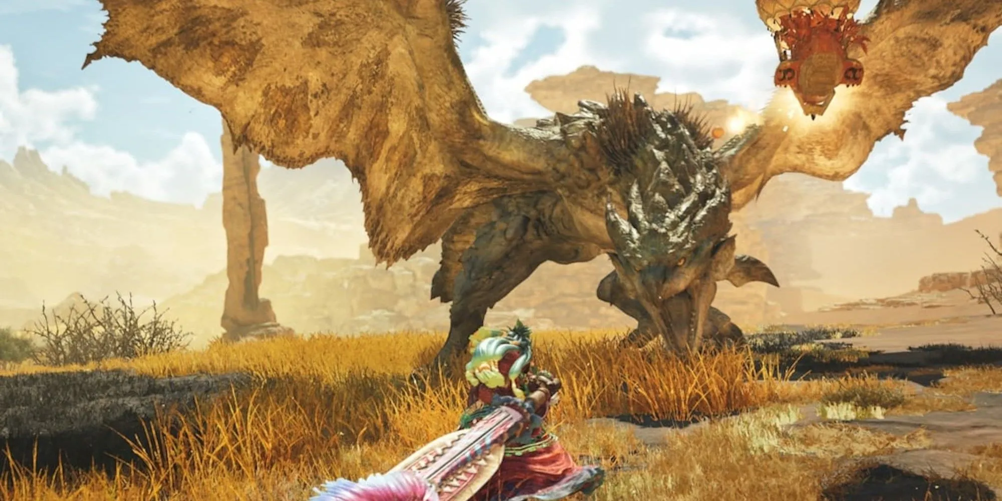 Thợ săn đối đầu với quái vật khổng lồ, minh họa lối chơi đa dạng vũ khí trong Monster Hunter Wilds