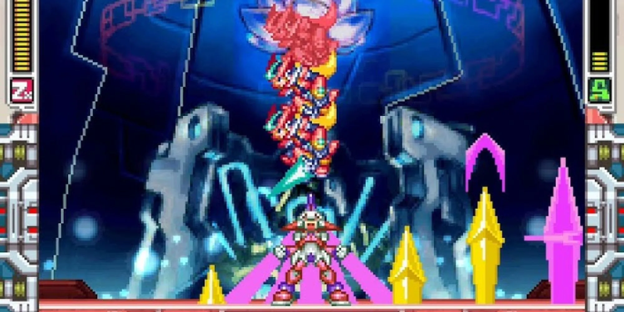Trận đấu trùm giữa Mega Man ZX và Prometheus, thể hiện combat tốc độ cao.
