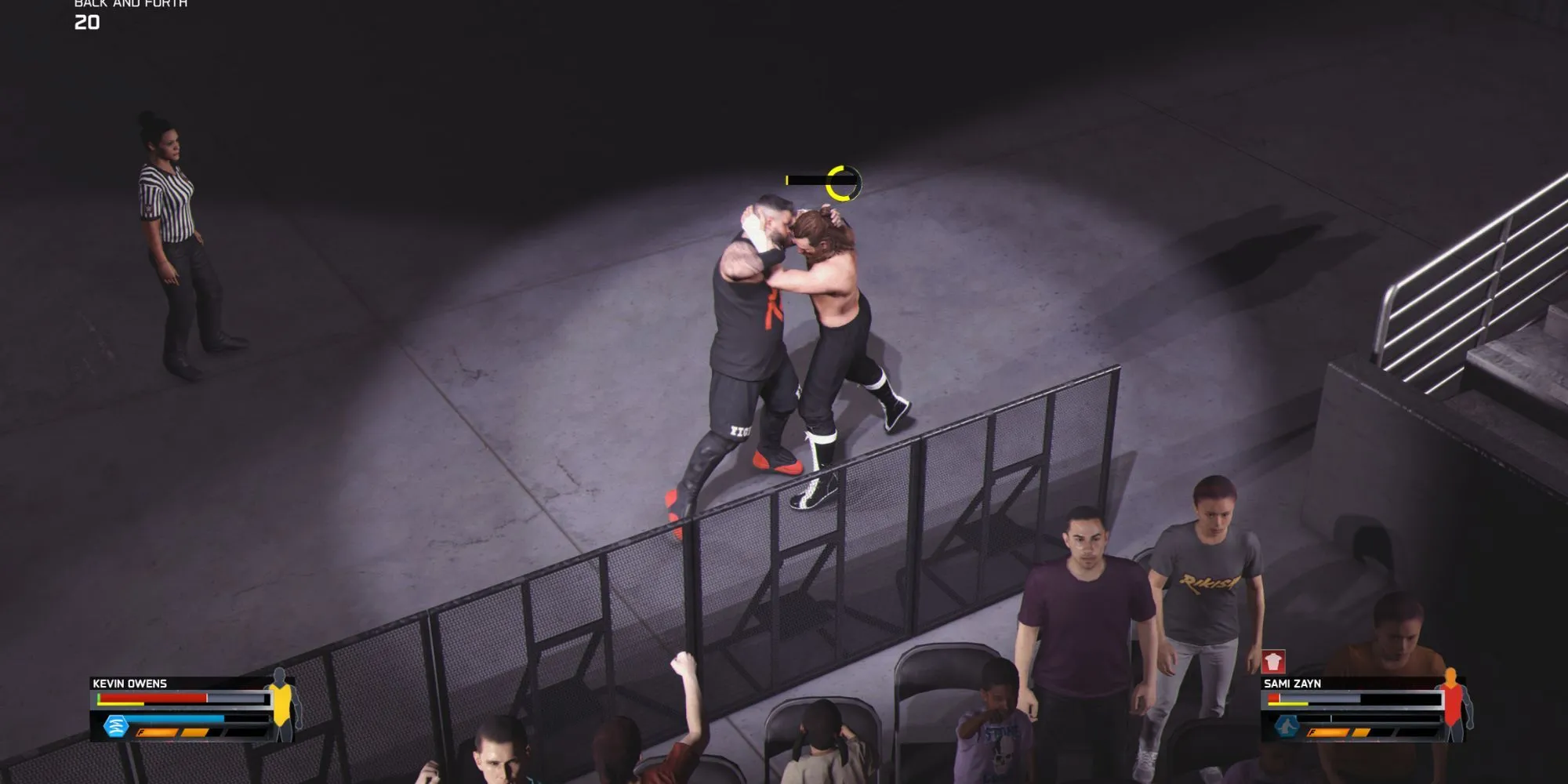Trận so tài giữa Kevin Owens và Sami Zayn trong WWE 2K25, minh họa cho khả năng kể chuyện thông qua các trận đấu trong game