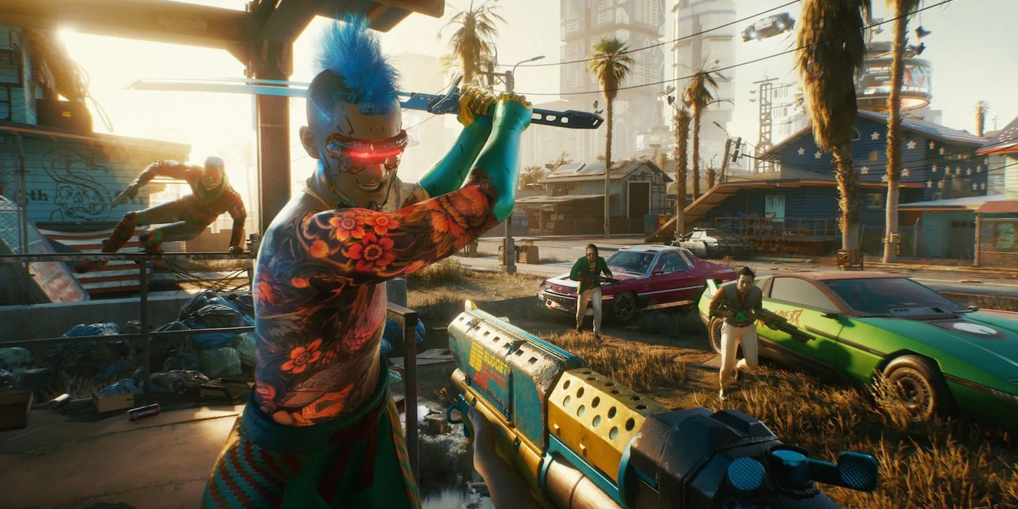 V sử dụng vũ khí công nghệ cao trong trận chiến tại Night City, Cyberpunk 2077