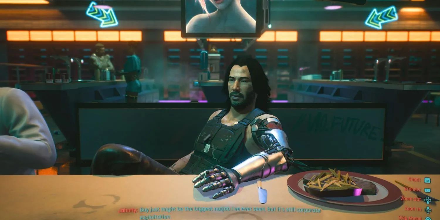 V và Johnny Silverhand nhìn ra thành phố Night City rực rỡ trong game Cyberpunk 2077.
