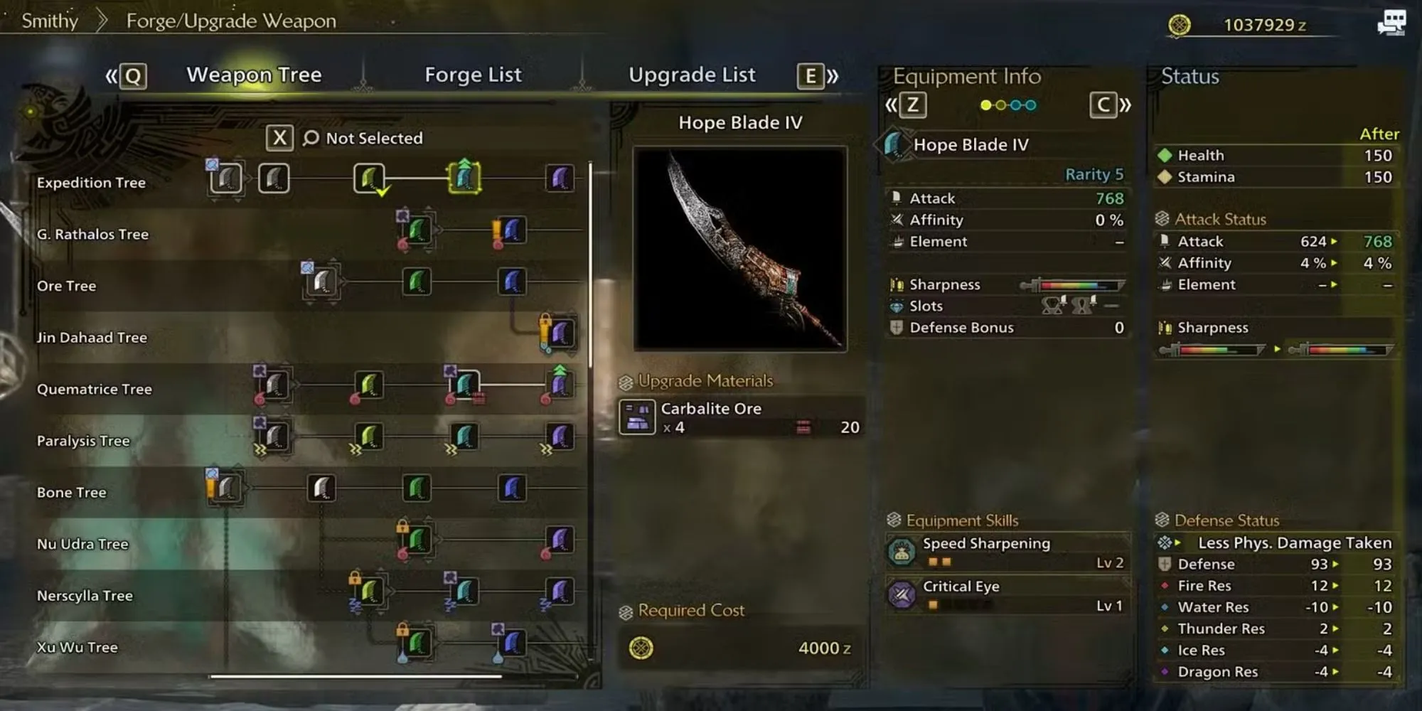 Vũ khí Hope Blade I hiển thị trong menu Thợ Rèn ở Monster Hunter Wilds