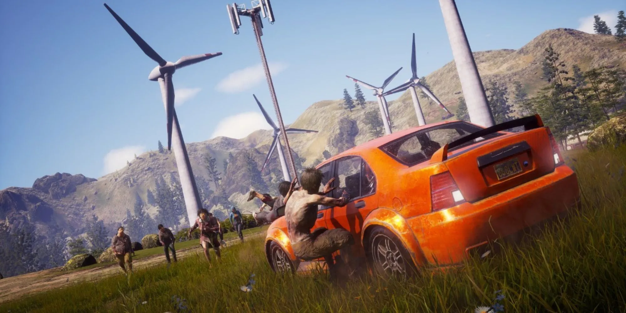 Xe màu cam trong State of Decay 2 bị zombie tấn công, tua-bin gió ở phía sau