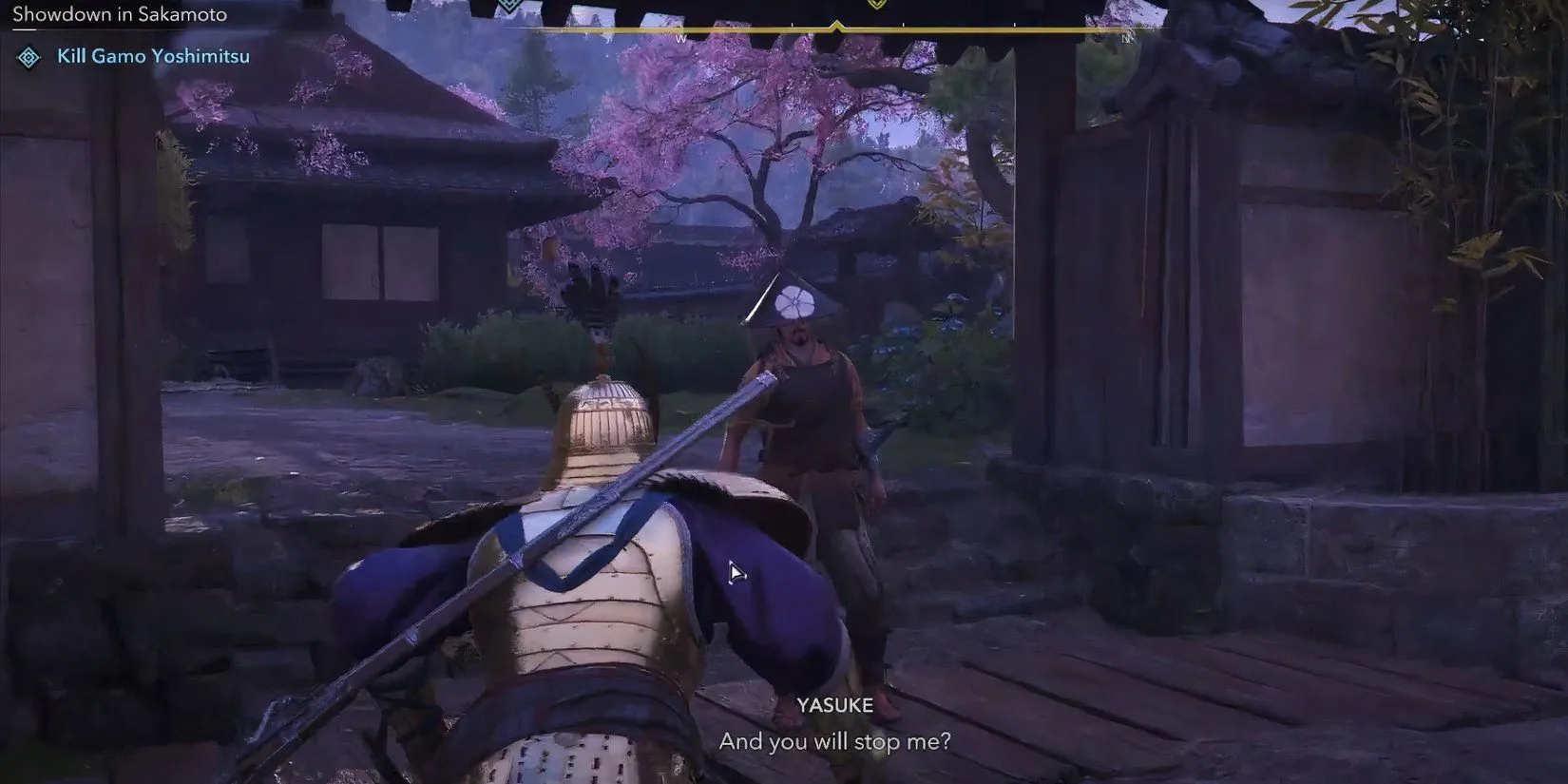Yasuke tìm kiếm Gamo Yoshimitsu trong khuôn viên của hắn ở Sakamoto, bước đầu để tiếp cận Kagemitsu