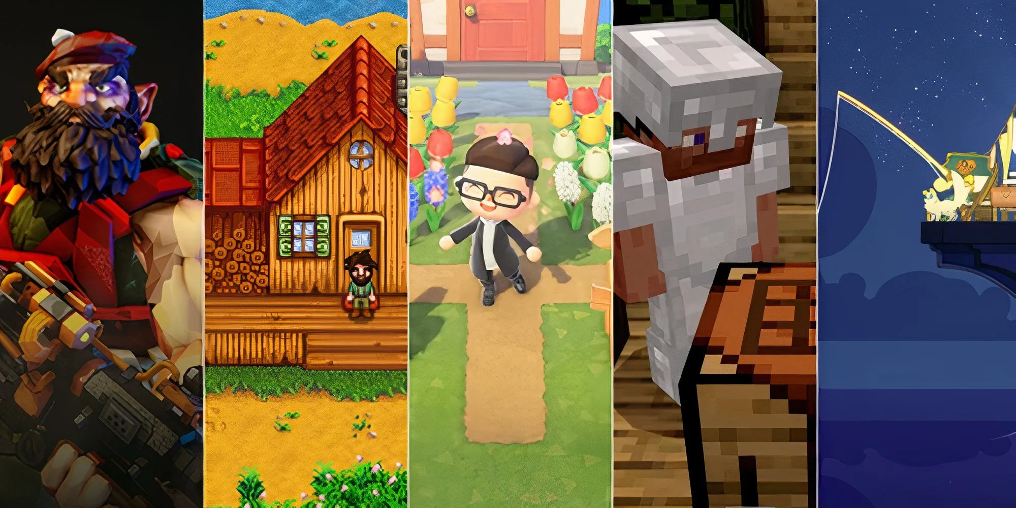 Ảnh collage các game cozy khác như Deep Rock Galactic, Stardew Valley, Animal Crossing, Minecraft, Spiritfarers