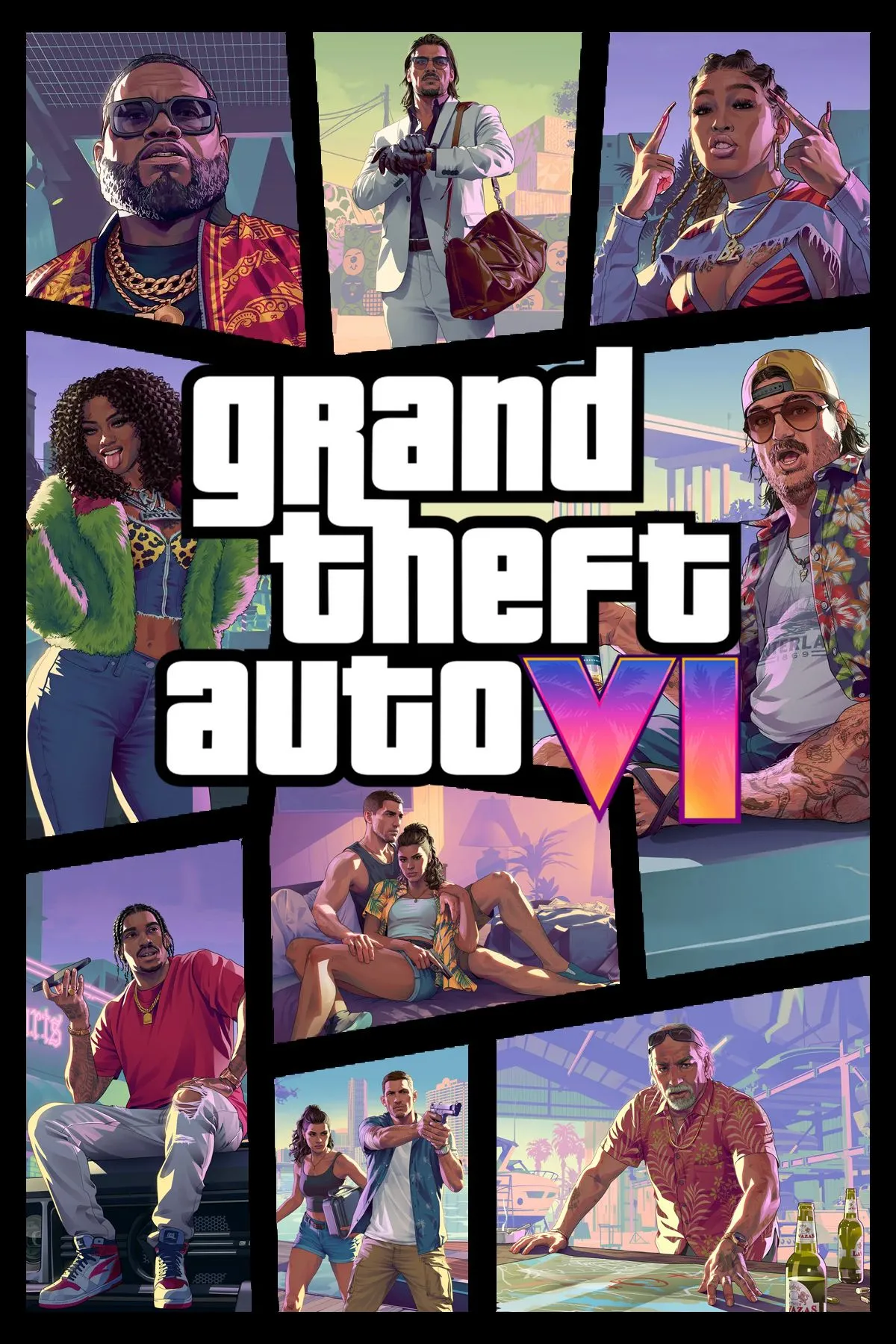 Bìa artwork chính thức của game Grand Theft Auto VI (GTA 6) với bối cảnh Vice City, gợi ý về lối chơi thế giới mở rộng lớn với xe cộ đặc trưng.