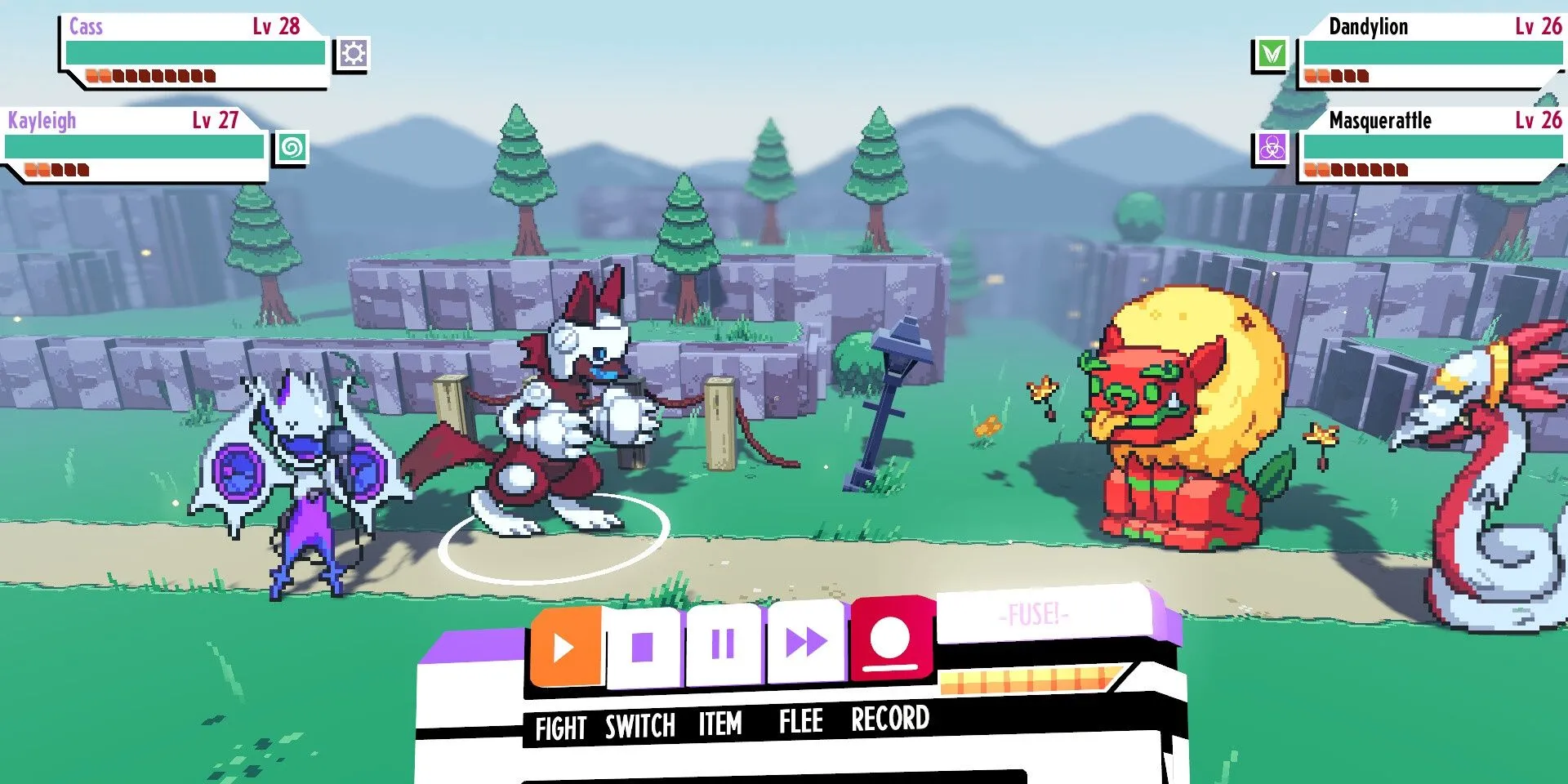 Cảnh chiến đấu thu thập quái vật trong game indie Cassette Beasts