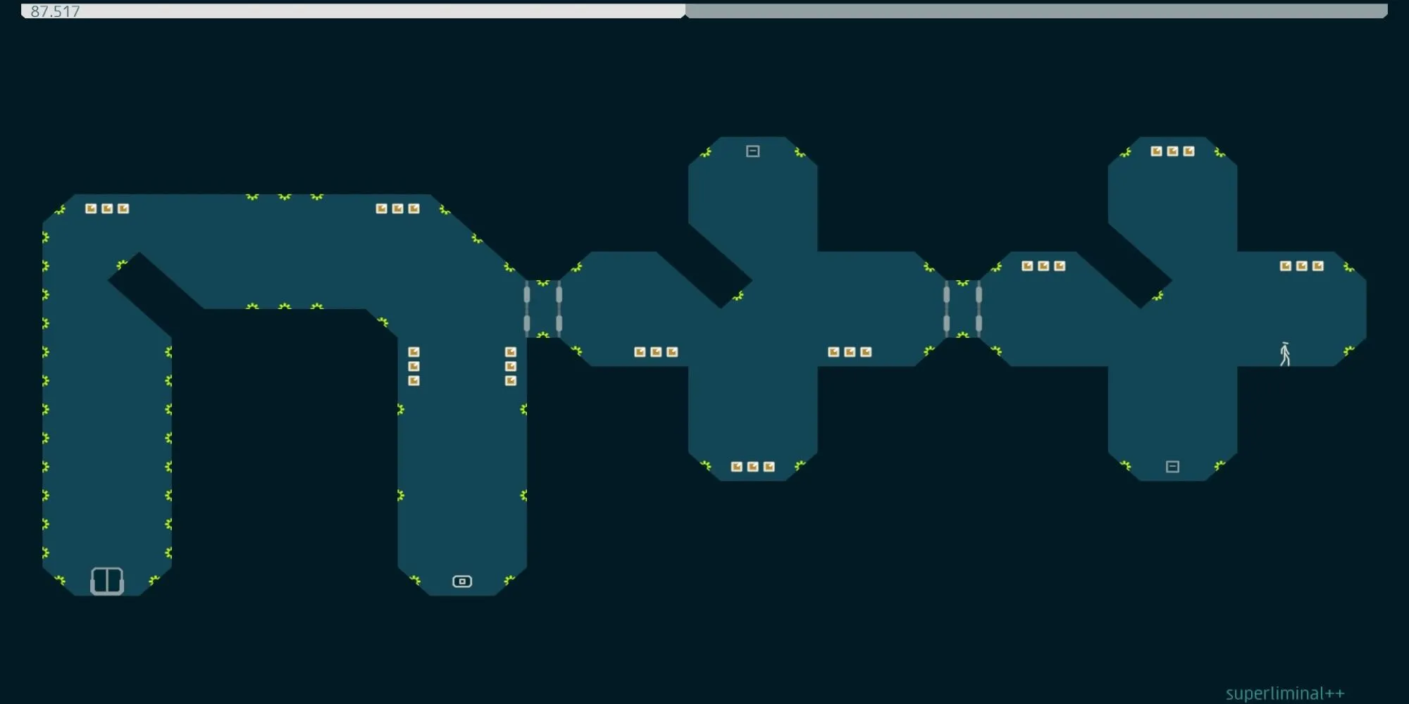 Cảnh chơi game N++ với nhân vật người que đang di chuyển trên nền màn hình đen trắng