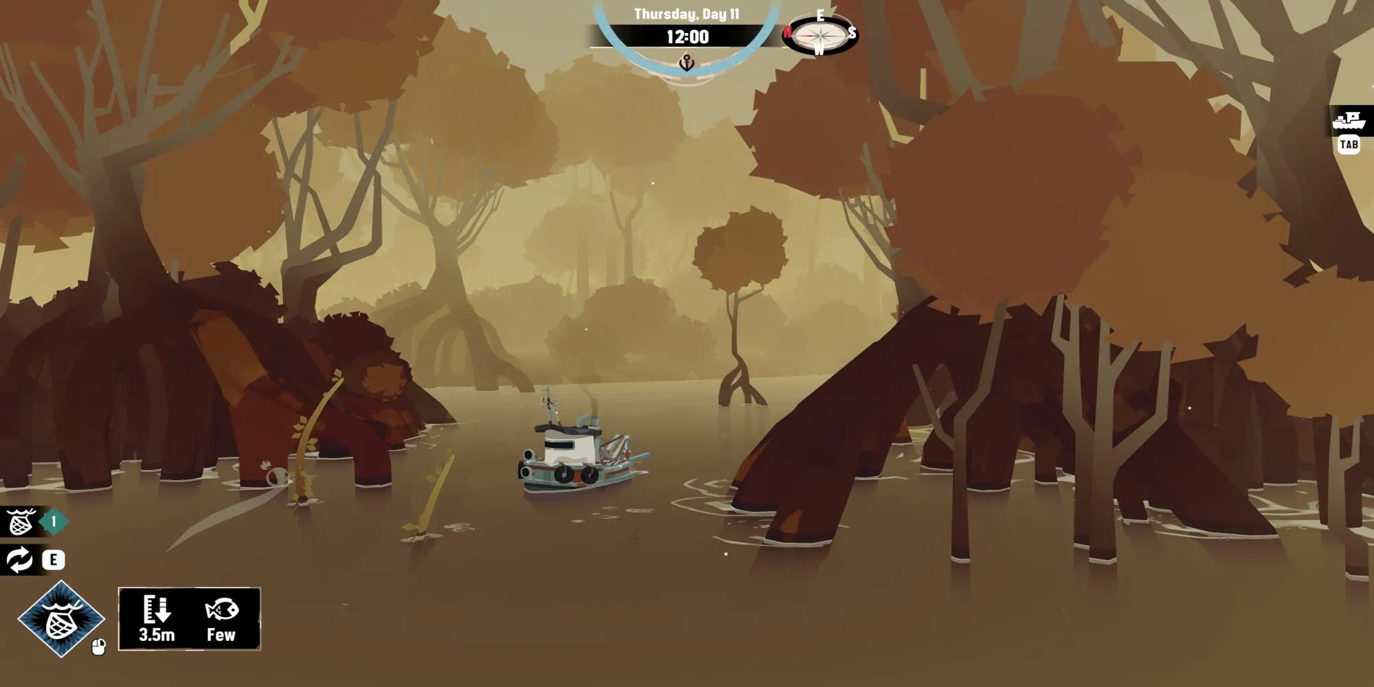 Cảnh thuyền câu cá giữa biển đêm trong game Dredge