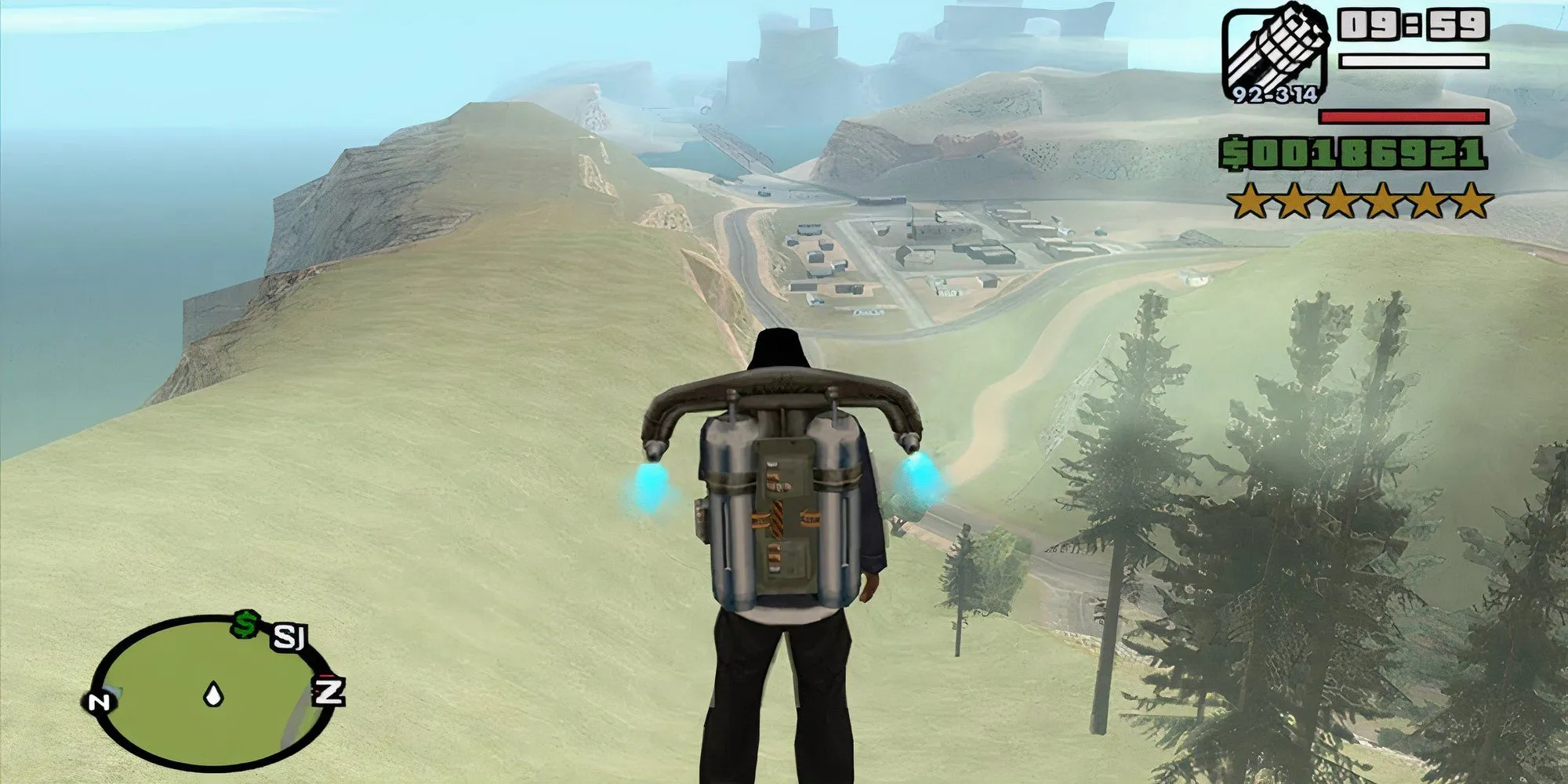 CJ bay lượn với Jetpack trên bầu trời Los Santos trong GTA San Andreas