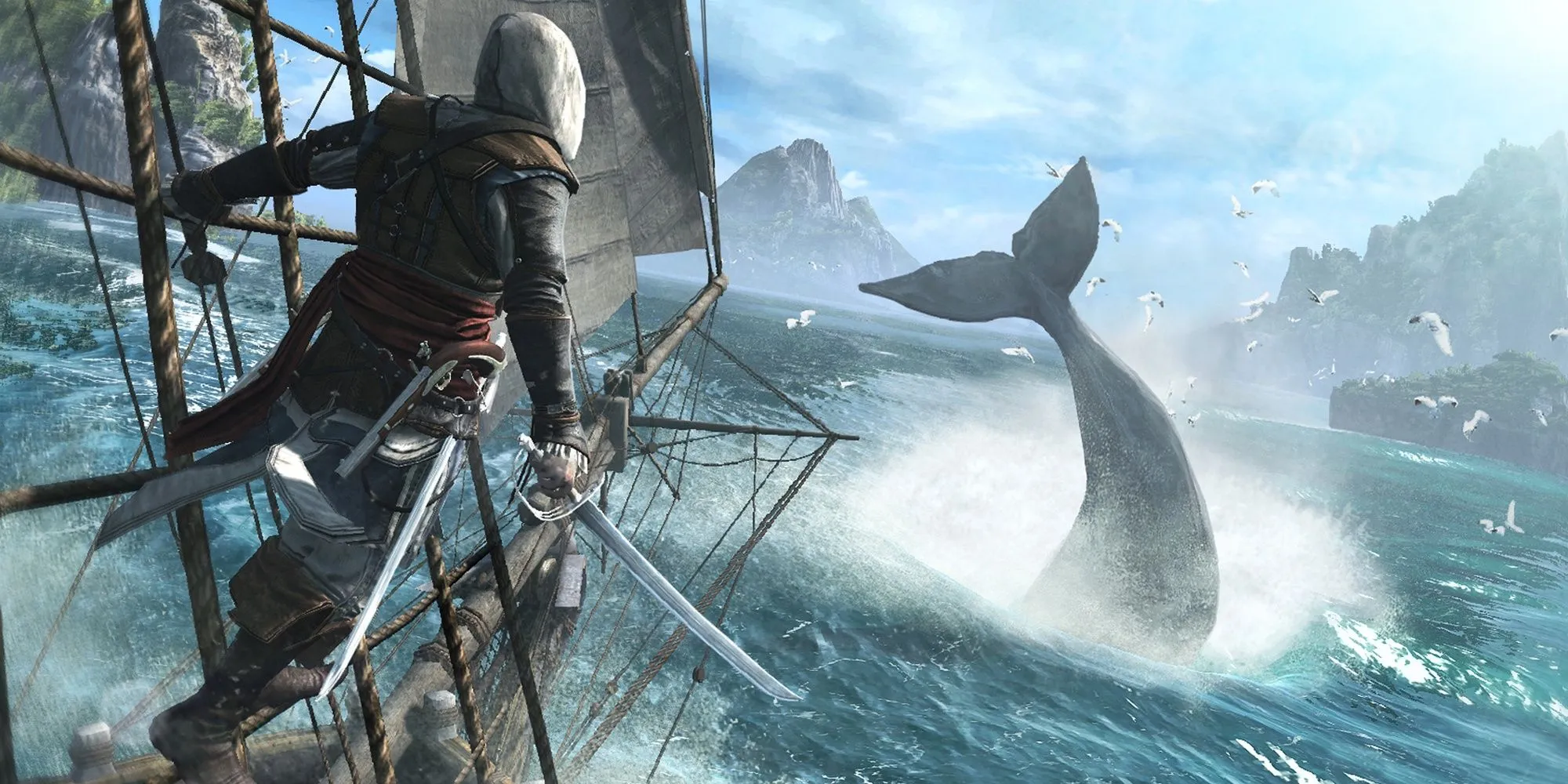 Edward Kenway ngắm cá voi từ thuyền trong Assassin's Creed 4: Black Flag